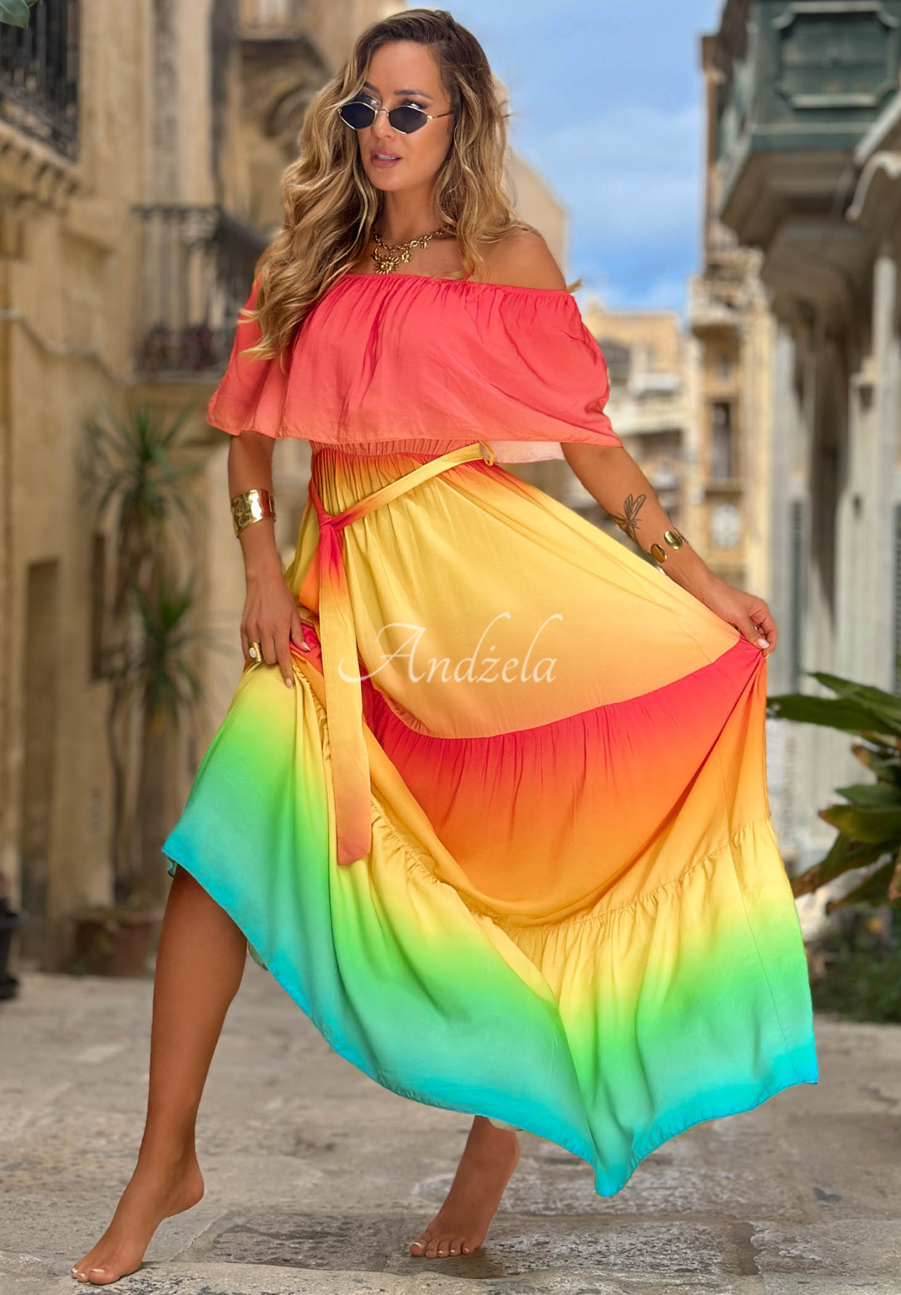 Viskose-Maxikleid im Off-Shoulder-Stil mit Ombré-Effekt Solar Rainbow rot-gelb