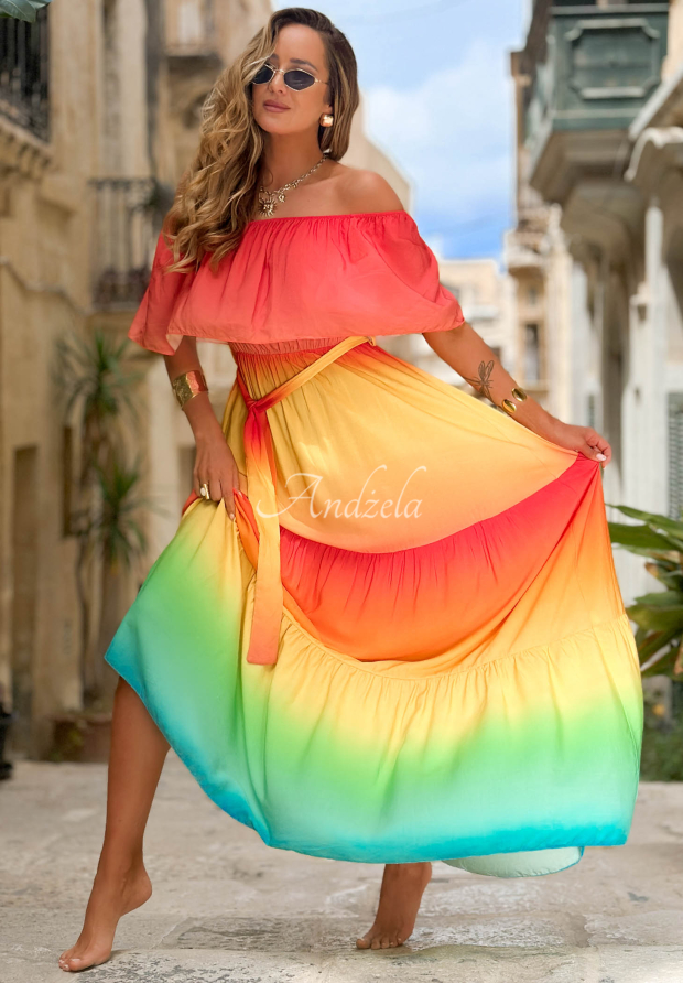 Viskose-Maxikleid im Off-Shoulder-Stil mit Ombr&eacute;-Effekt Solar Rainbow rot-gelb