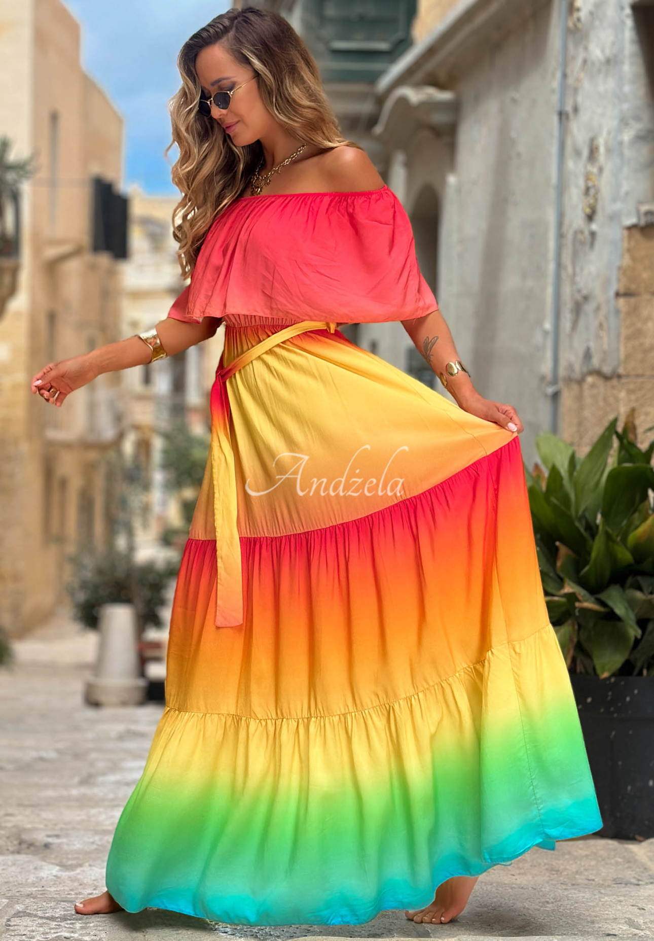 Viskose-Maxikleid im Off-Shoulder-Stil mit Ombré-Effekt Solar Rainbow rot-gelb