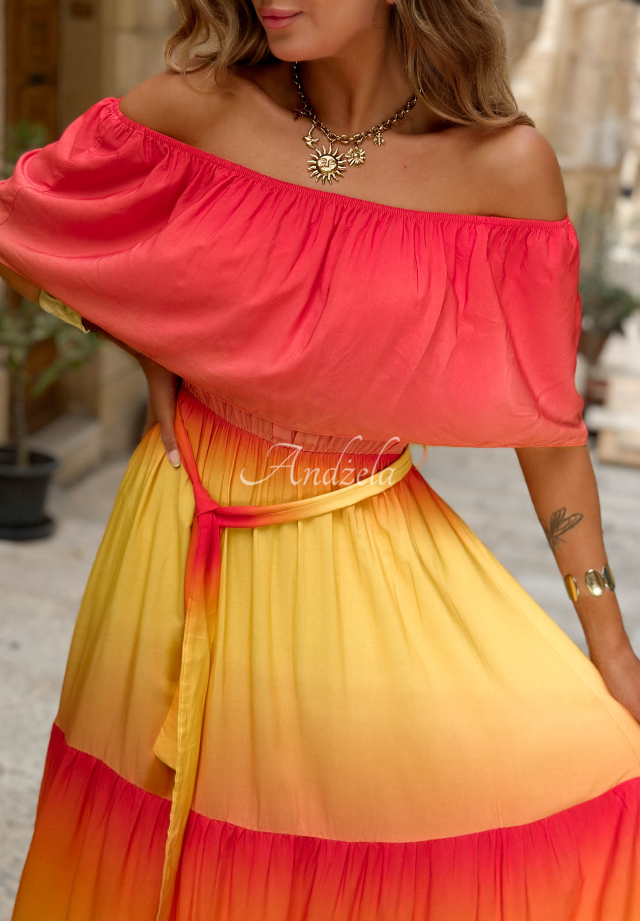 Viskose-Maxikleid im Off-Shoulder-Stil mit Ombré-Effekt Solar Rainbow rot-gelb