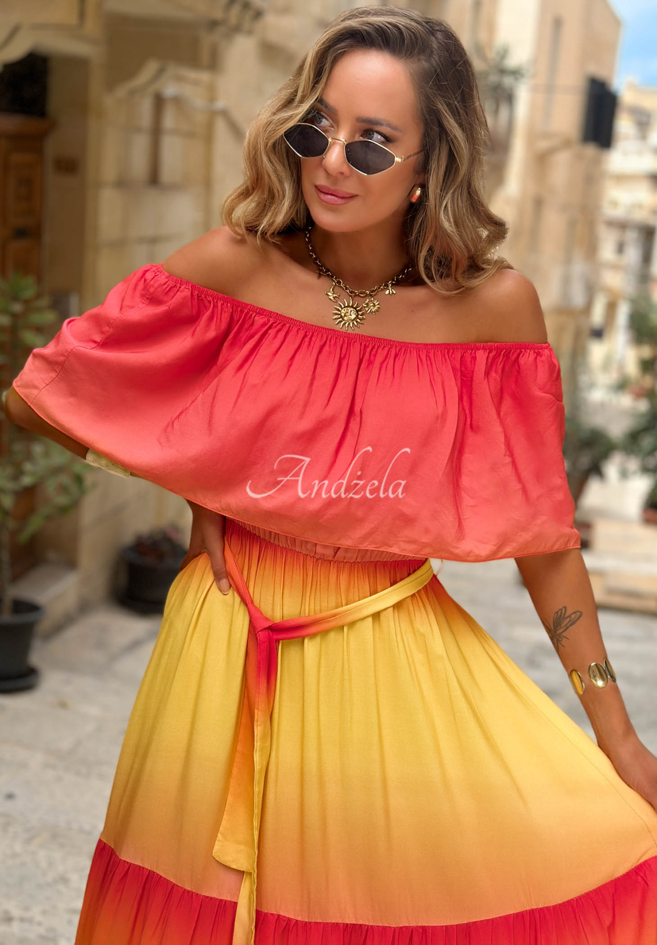 Viskose-Maxikleid im Off-Shoulder-Stil mit Ombré-Effekt Solar Rainbow rot-gelb