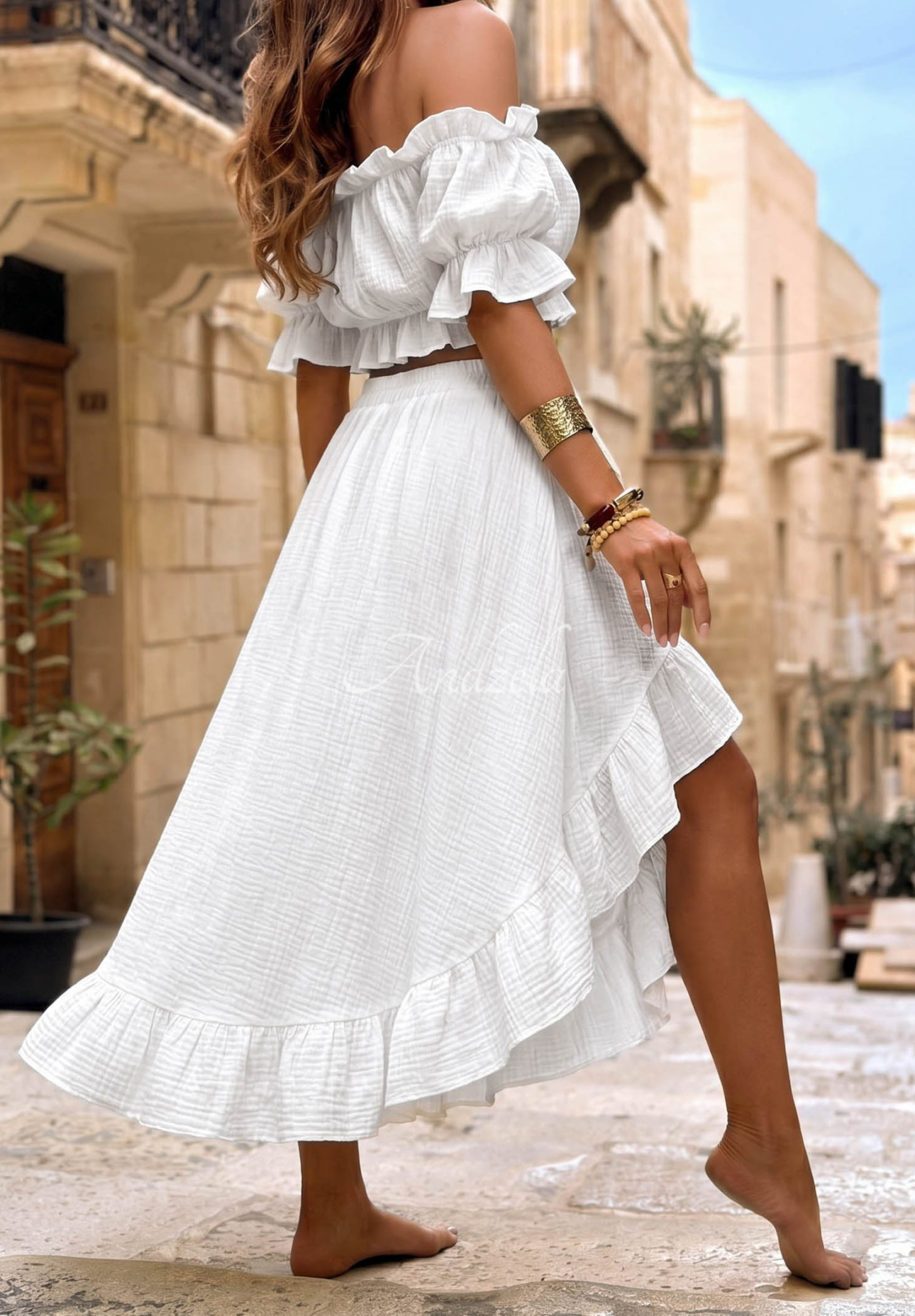 Set aus Musselin Off-Shoulder-Bluse und Rock Warm Wind Weiß
