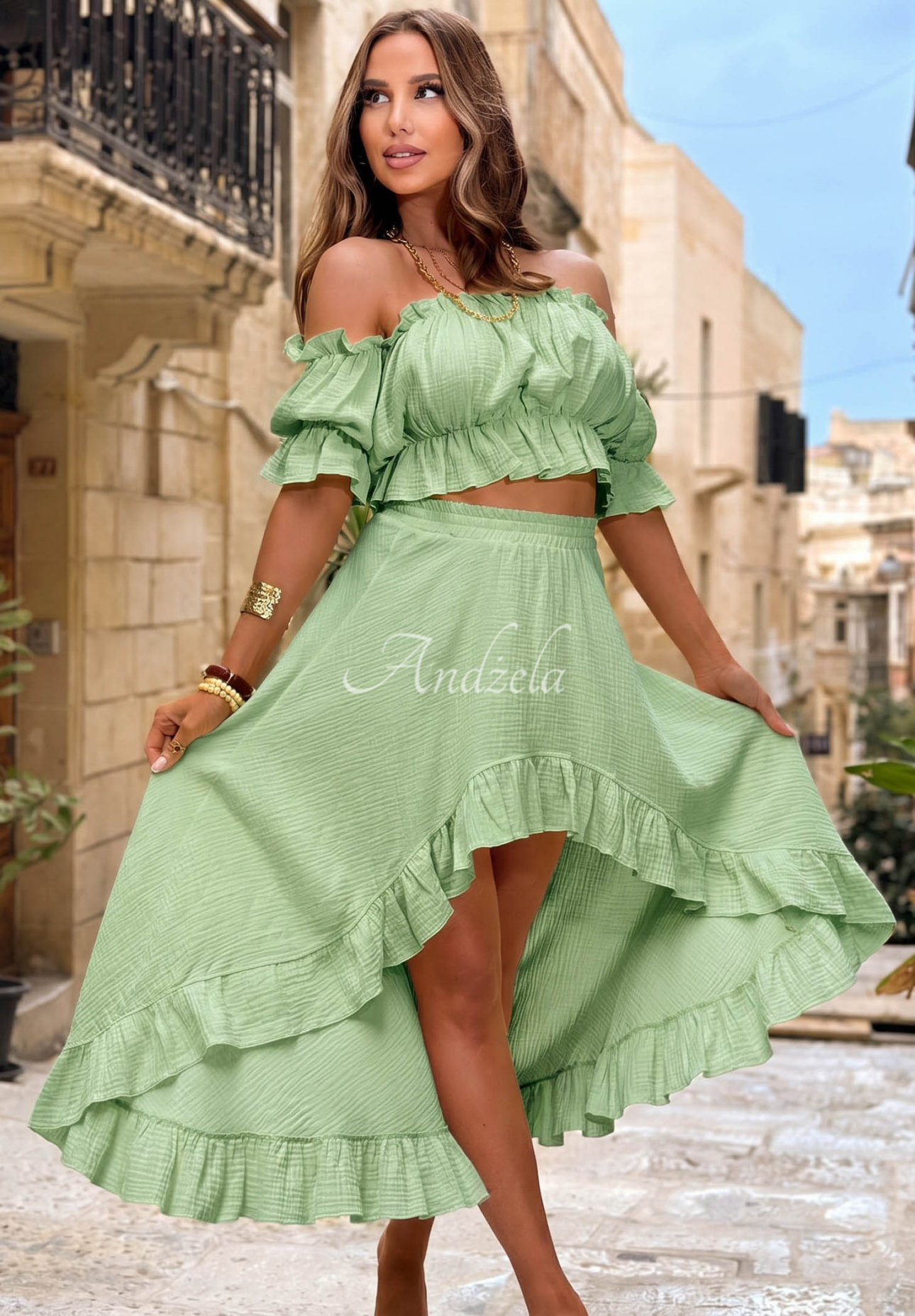 Set aus Musselin Off-Shoulder-Bluse und Rock Warm Wind Pistaziengrün