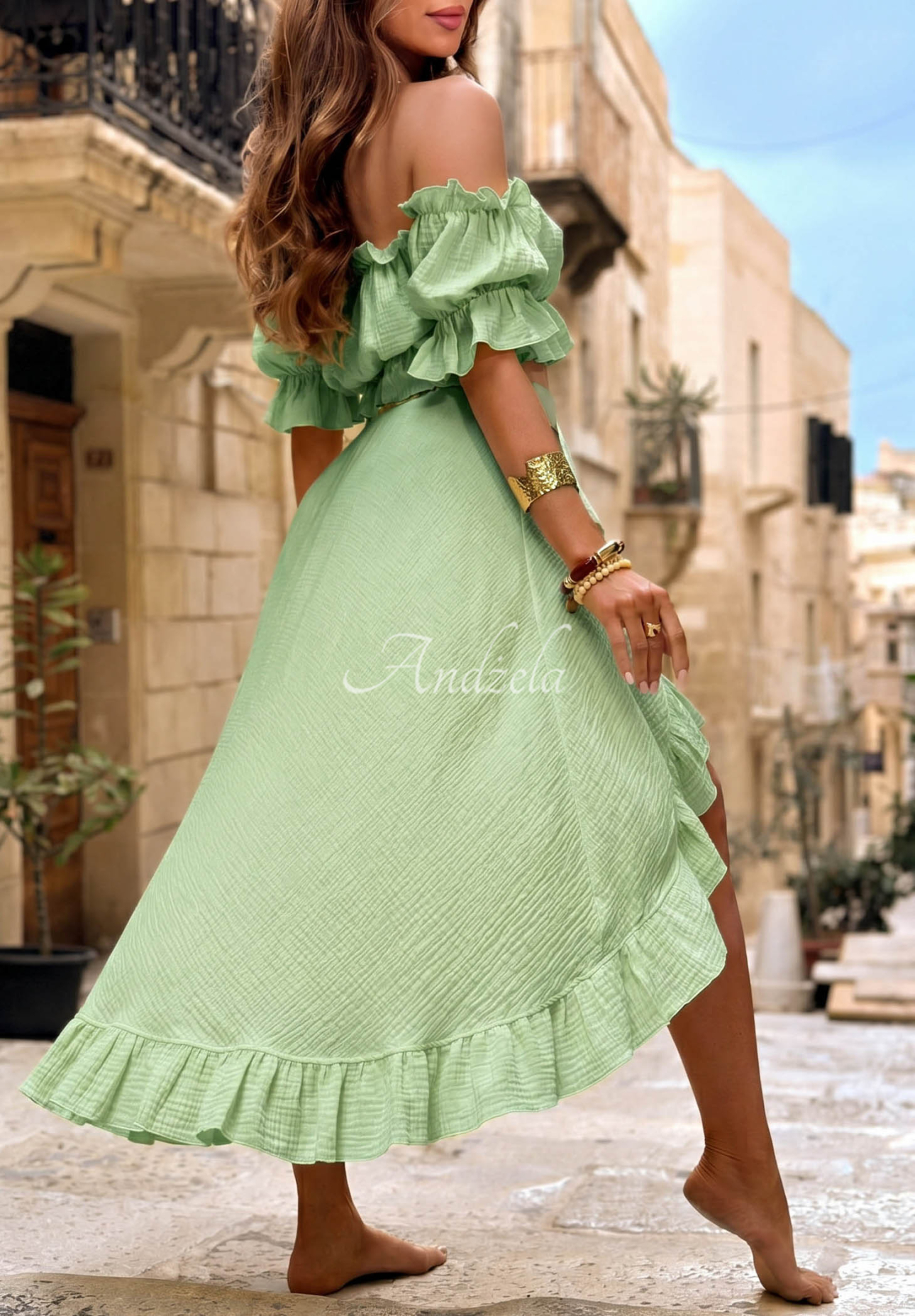 Set aus Musselin Off-Shoulder-Bluse und Rock Warm Wind Pistaziengrün