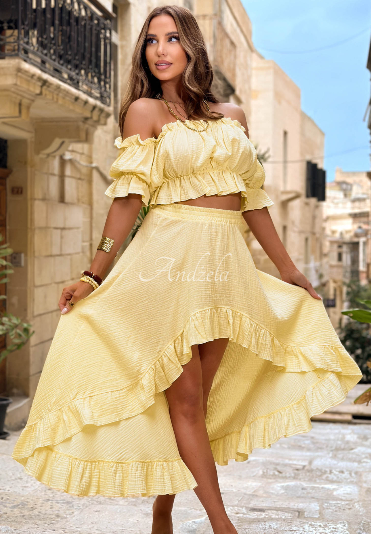 Set aus Musselin Off-Shoulder-Bluse und Rock Warm Wind Gelb