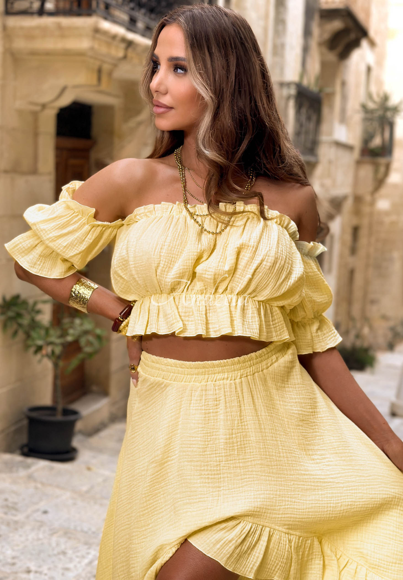 Set aus Musselin Off-Shoulder-Bluse und Rock Warm Wind Gelb