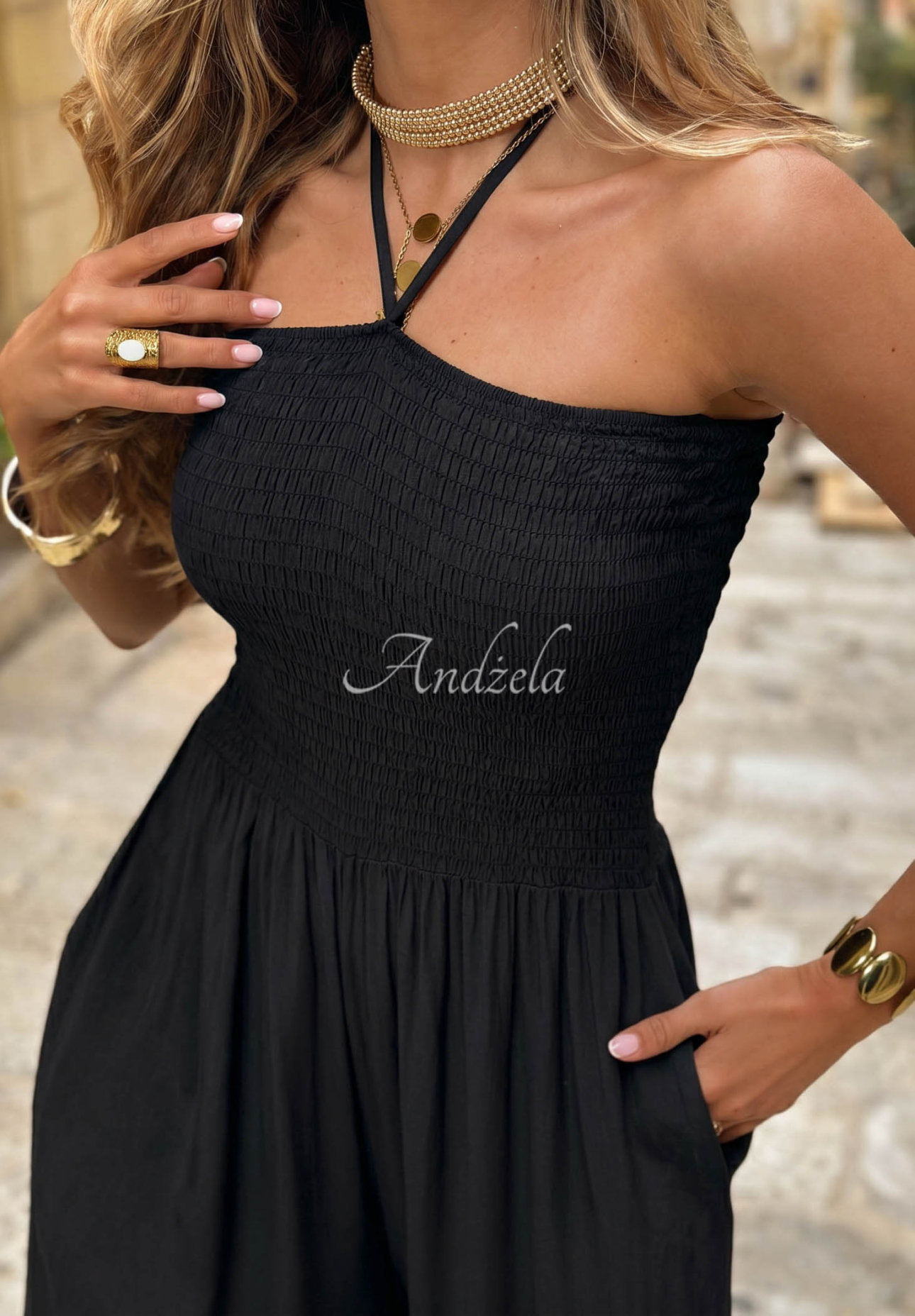 Langer Viskose-Overall wide leg und Bindeband Amalfi Paradise Schwarz