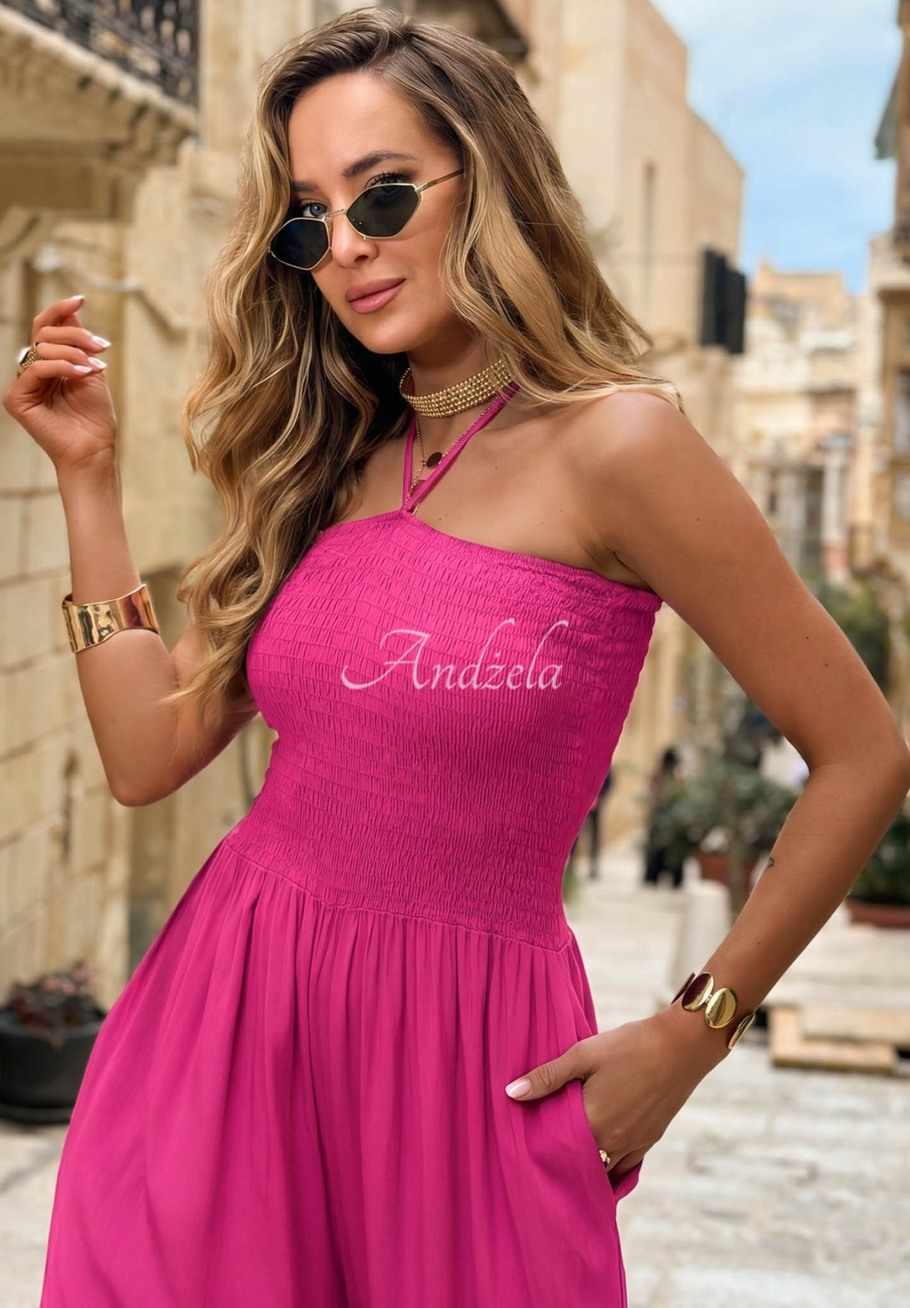 Langer Viskose-Overall wide leg und Bindeband Amalfi Paradise Fuchsia