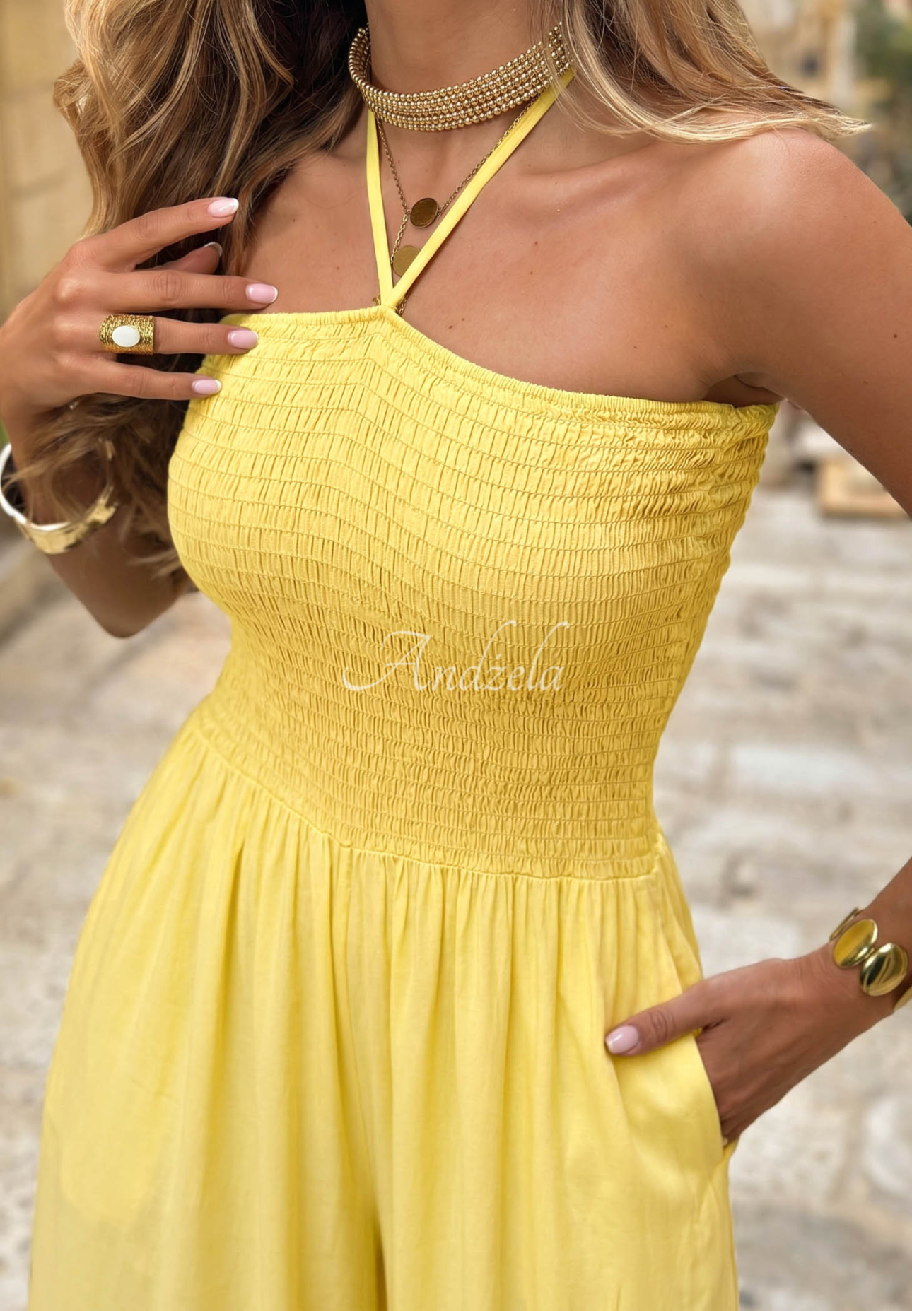 Langer Viskose-Overall wide leg und Bindeband Amalfi Paradise Gelb