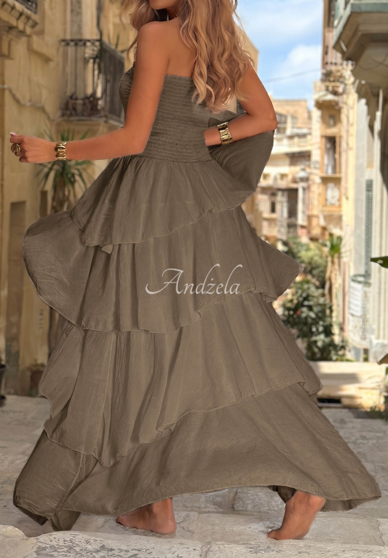 Trägerloses Maxikleid aus Baumwolle mit Rüschen Sparkling Ocean Mokkafarben