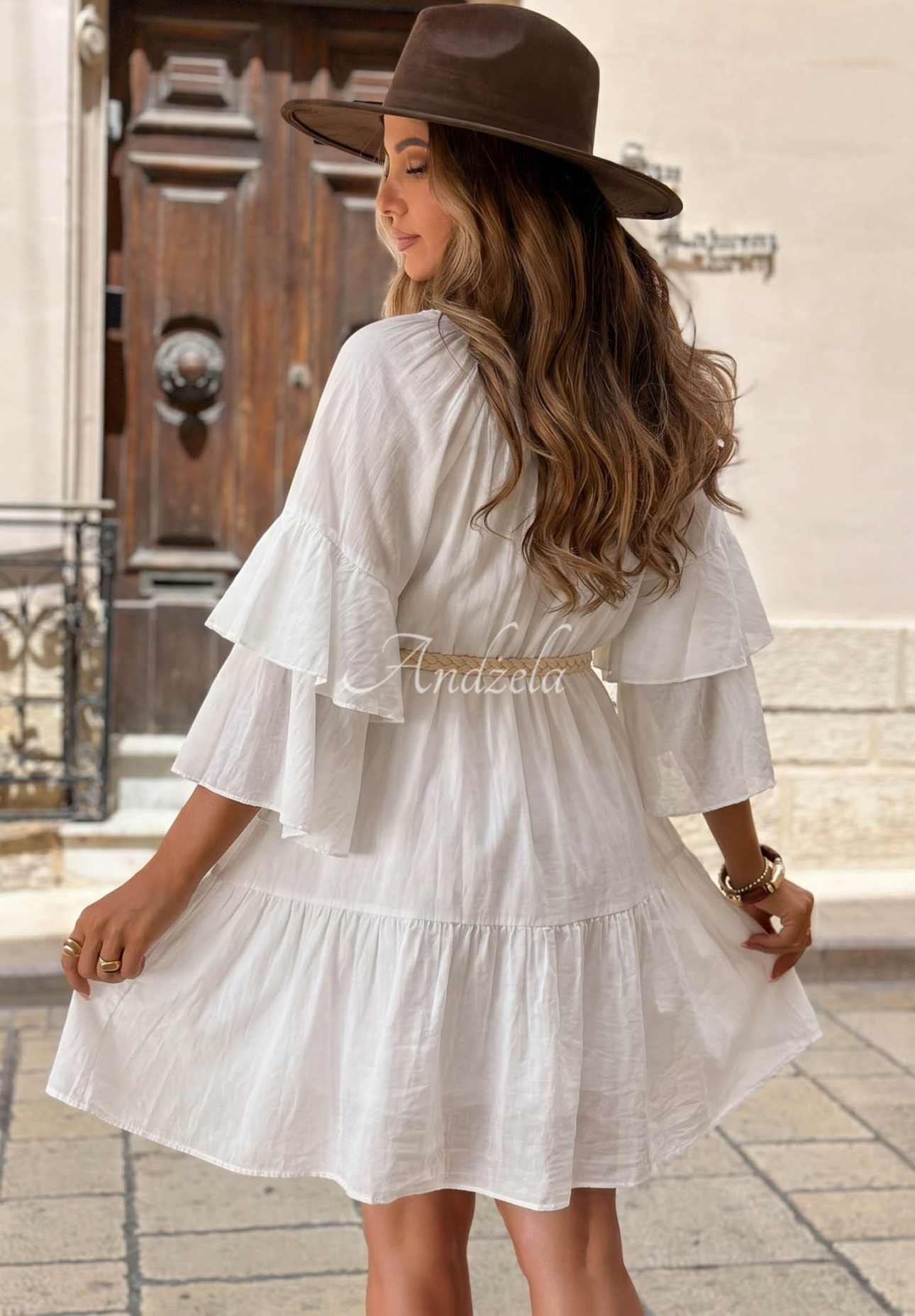 Baumwollkleid mit Rüschen und Gürtel Malta Romance Flame Ecru