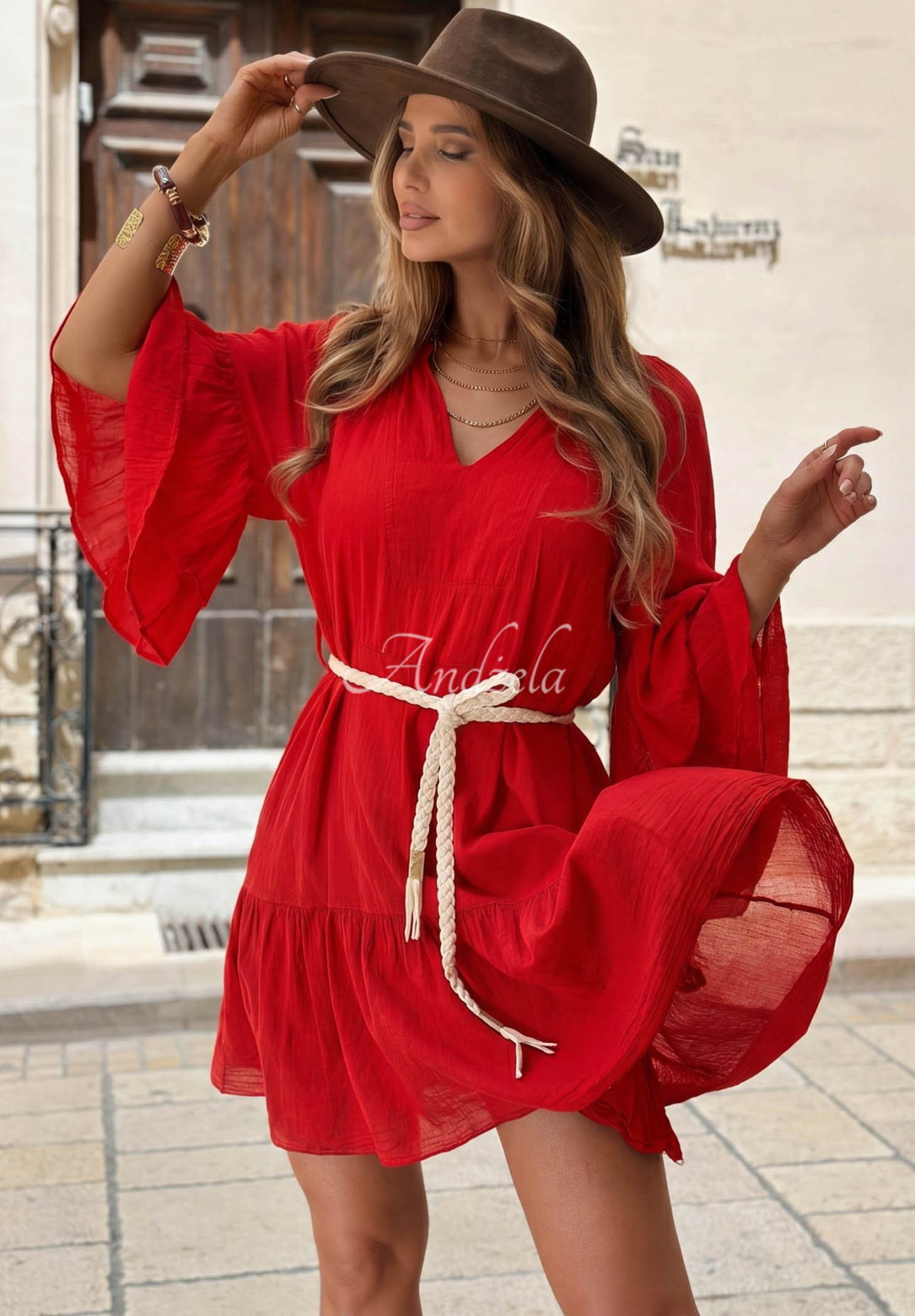 Baumwollkleid mit Rüschen und Gürtel Malta Romance Flame Rot