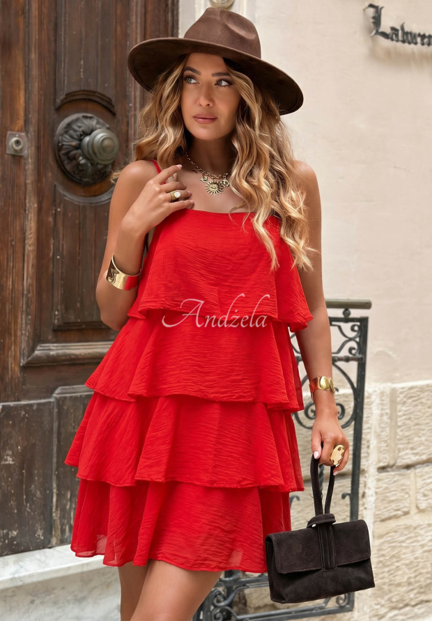 Baumwoll-Minikleid mit Tr&auml;gern und R&uuml;schen Malta Romance Flame Rot