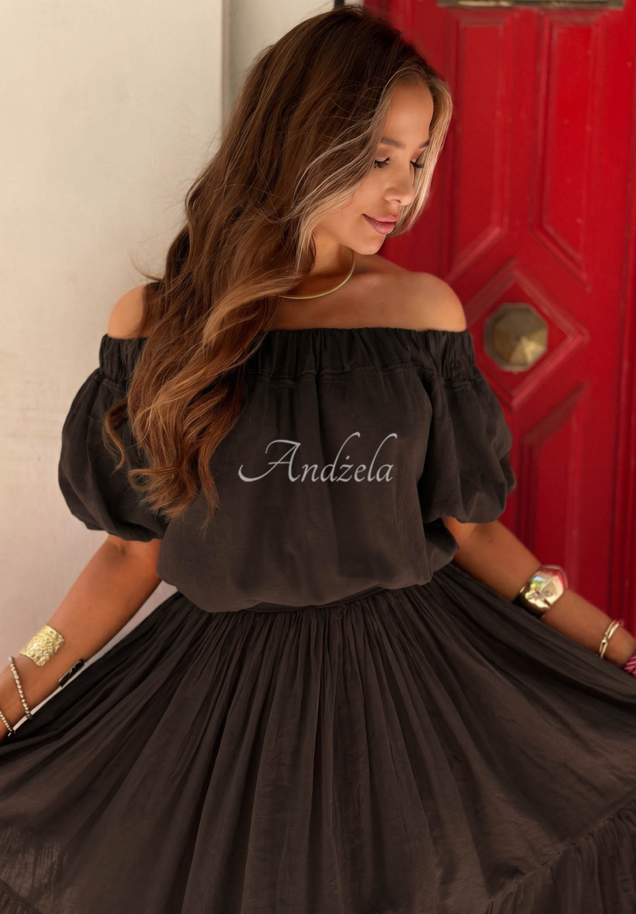 Offshoulder Baumwollbluse mit Puffärmeln Malta Romance Flame Schokoladenbraun