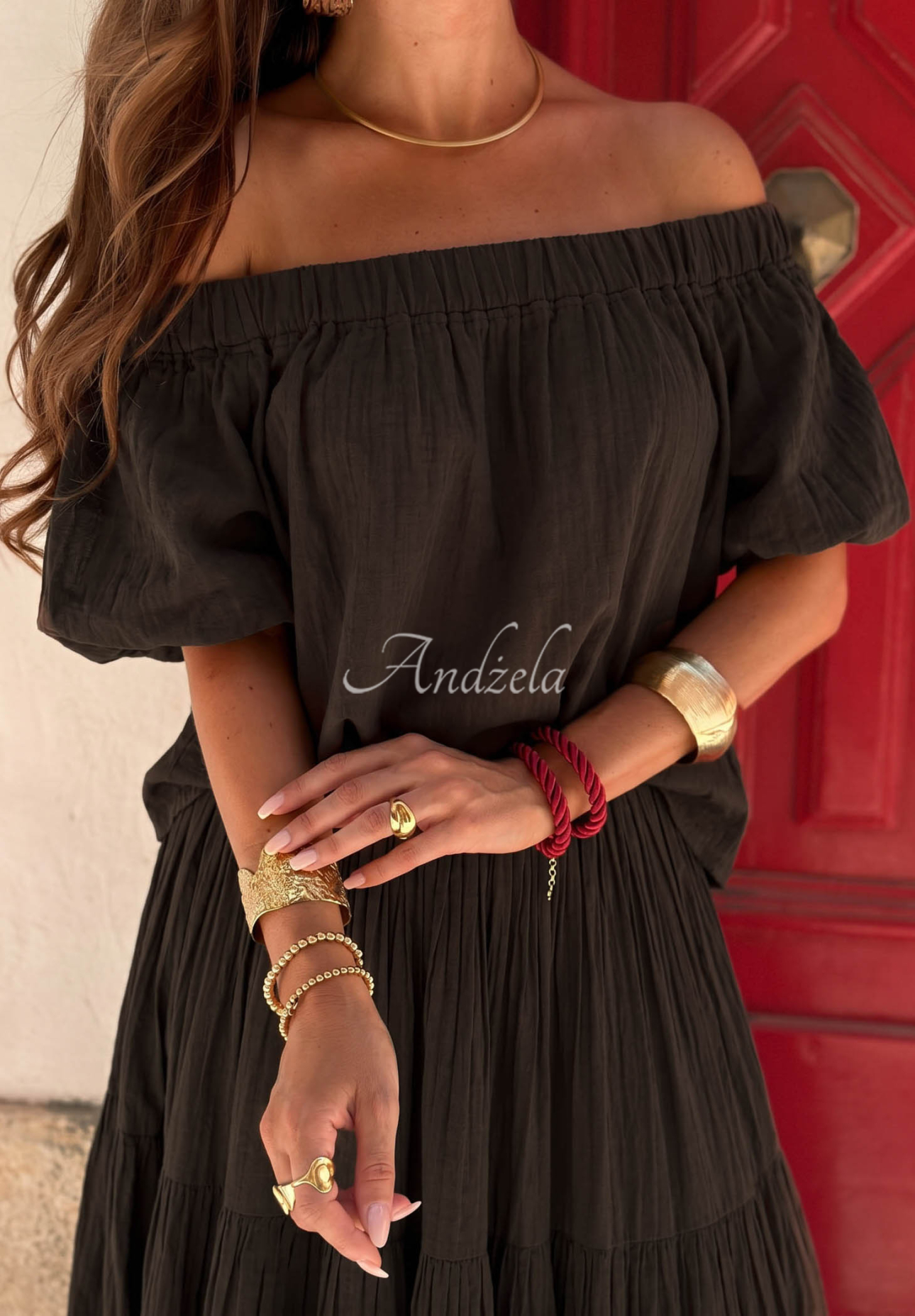 Offshoulder Baumwollbluse mit Puffärmeln Malta Romance Flame Schokoladenbraun