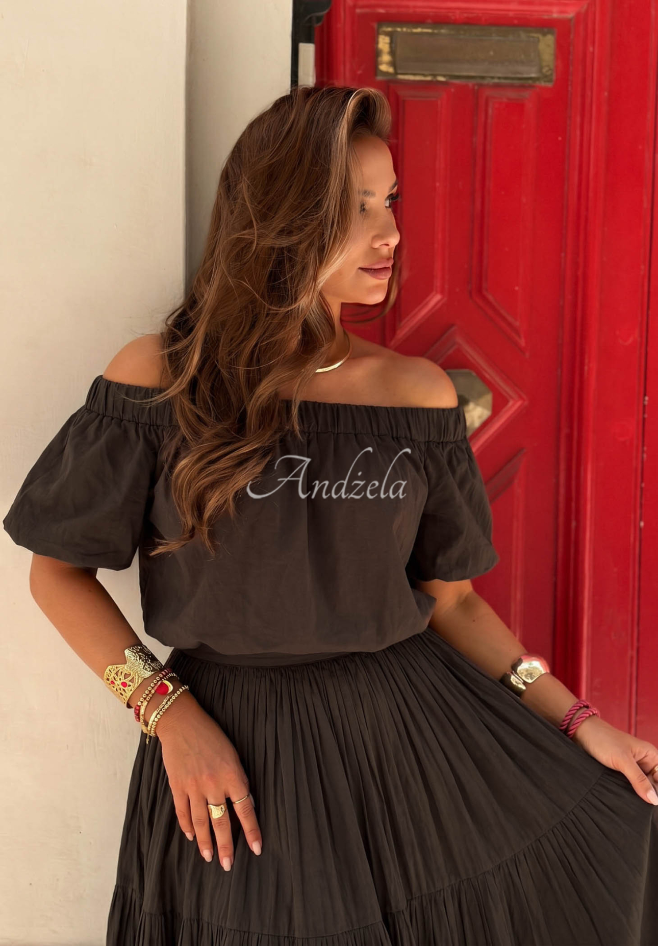 Offshoulder Baumwollbluse mit Puffärmeln Malta Romance Flame Schokoladenbraun