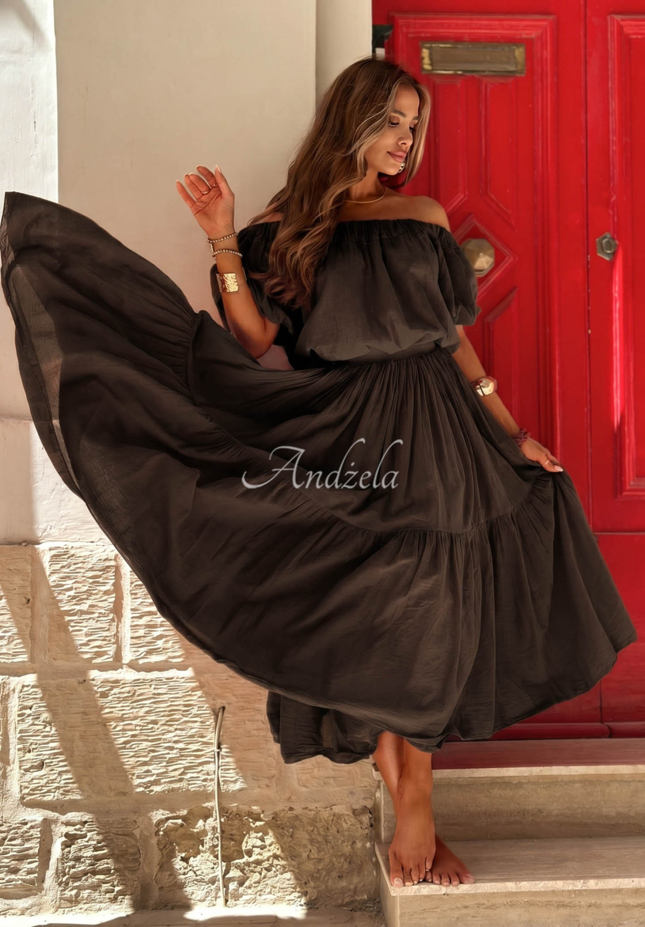 Offshoulder Baumwollbluse mit Puffärmeln Malta Romance Flame Schokoladenbraun