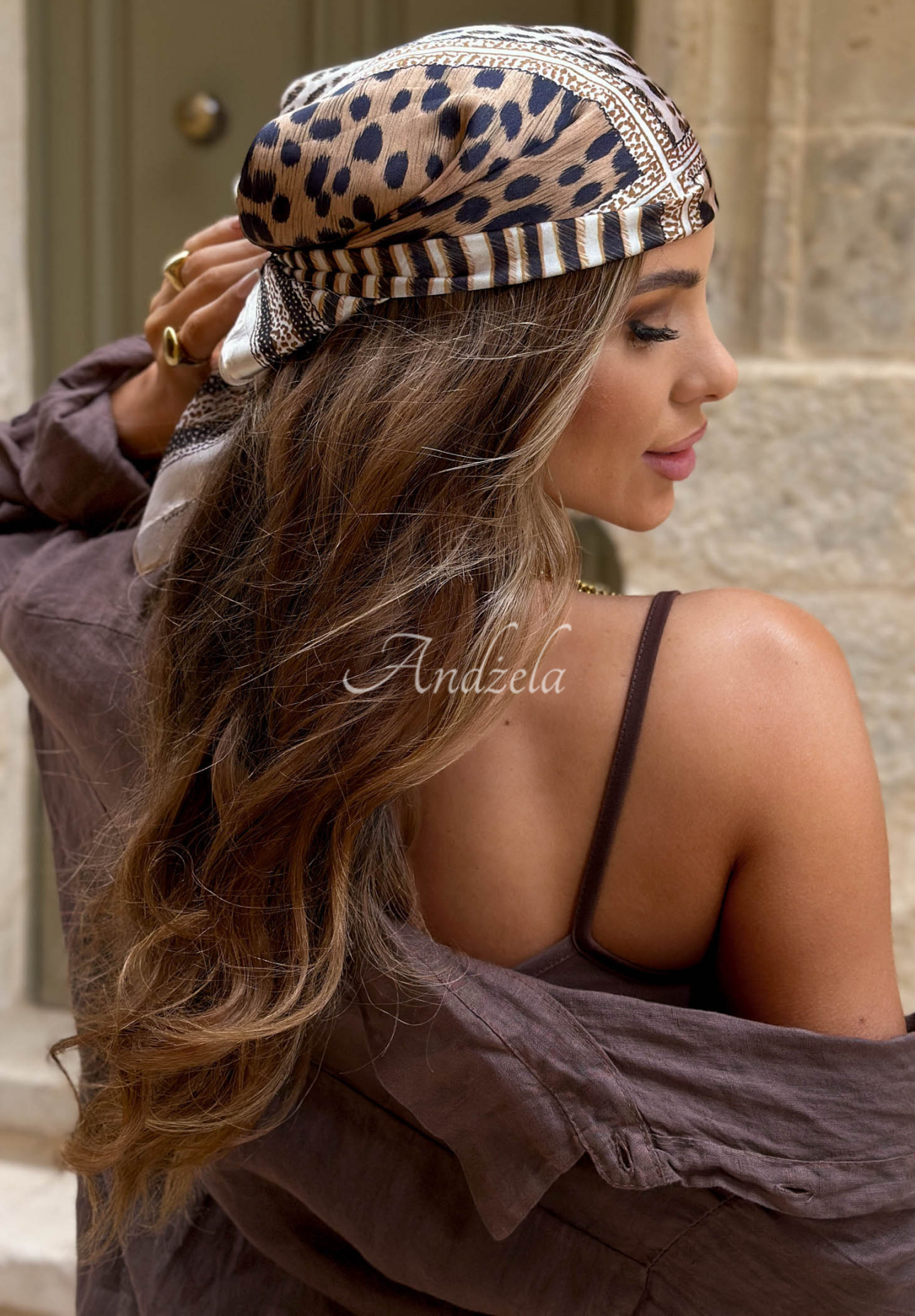 Gemustertes Halstuch mit Leopardenmuster aus Viskose Dark Panther Beige
