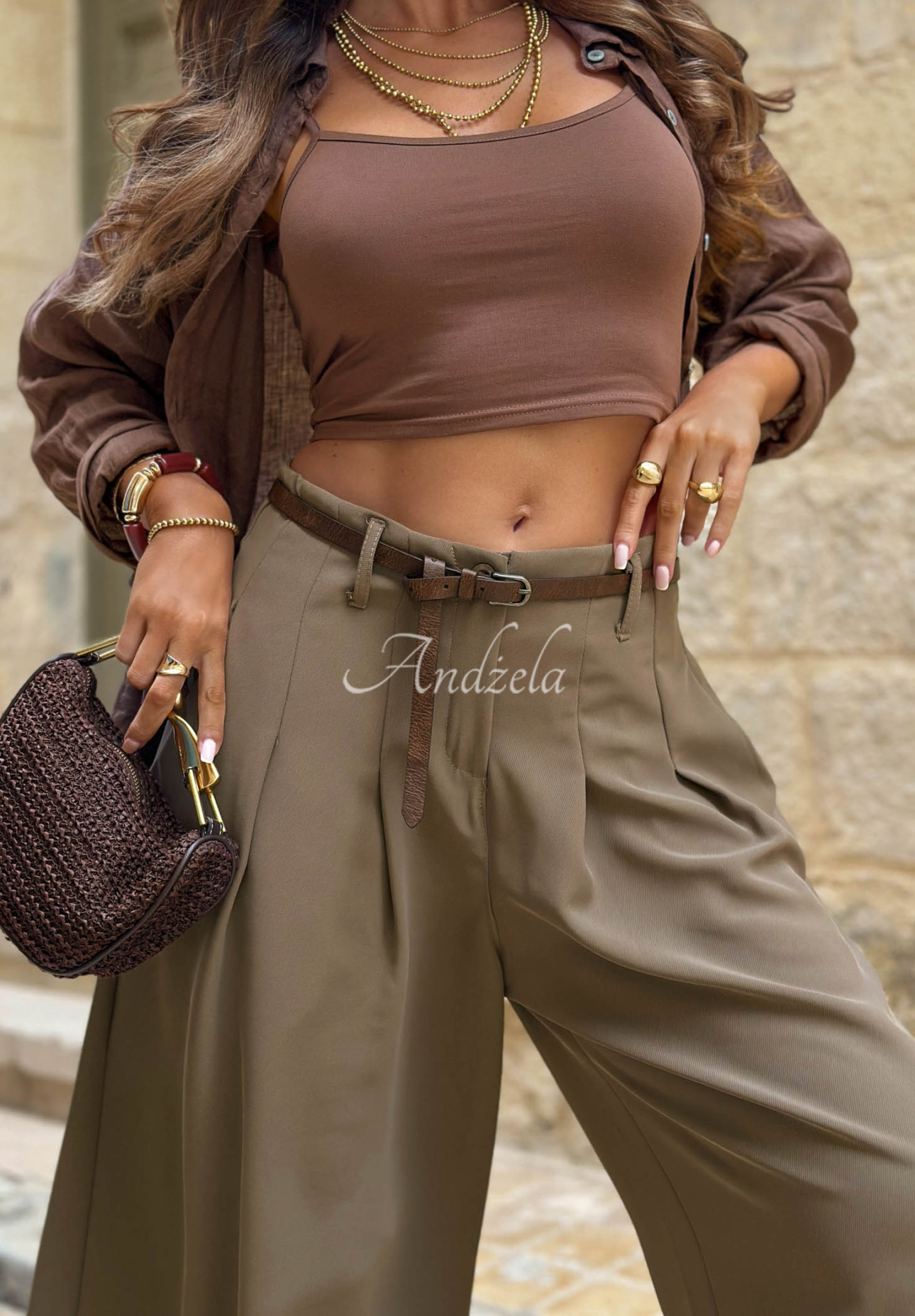Stoffhose wide leg mit Gürtel Verde Avenue Olivgrün