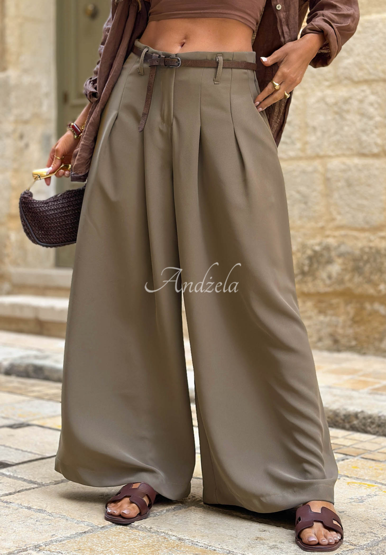 Stoffhose wide leg mit Gürtel Verde Avenue Olivgrün