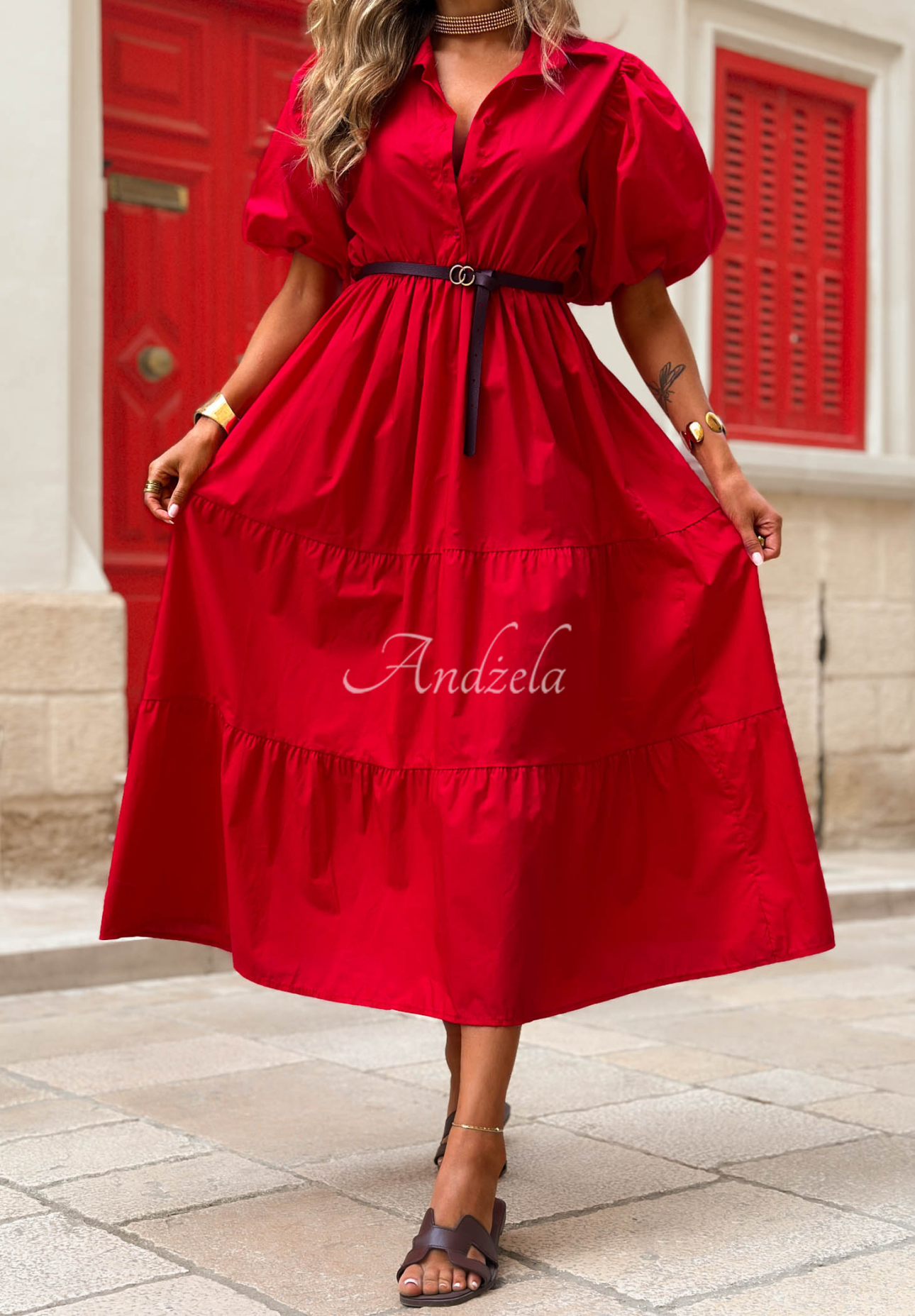 Hemdblusenkleid aus Baumwolle mit Puffärmeln Summer Light Rot