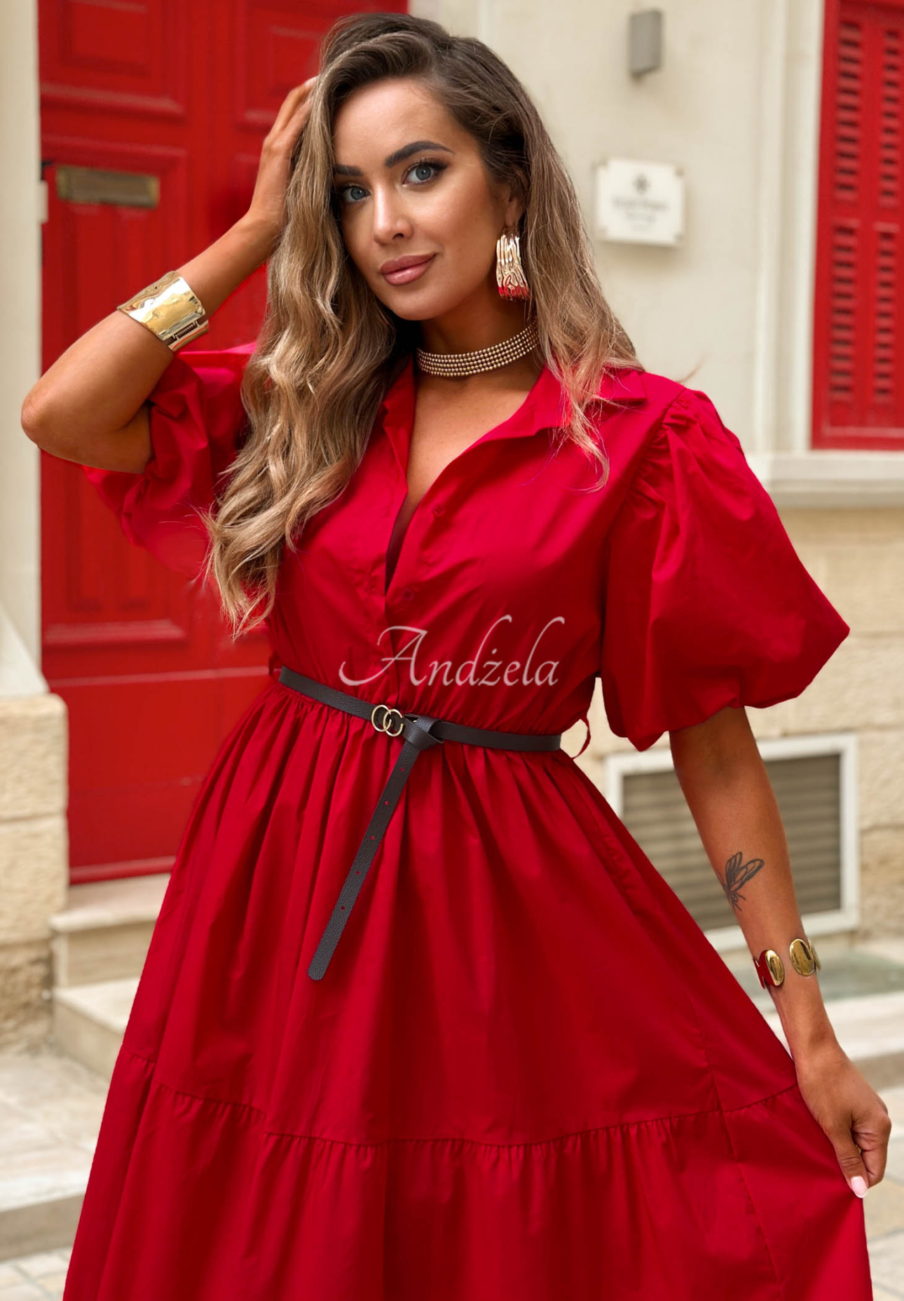 Hemdblusenkleid aus Baumwolle mit Puffärmeln Summer Light Rot