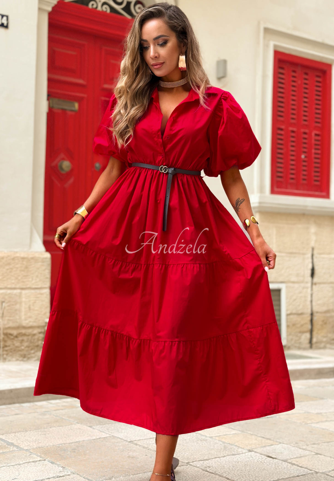 Hemdblusenkleid aus Baumwolle mit Puffärmeln Summer Light Rot