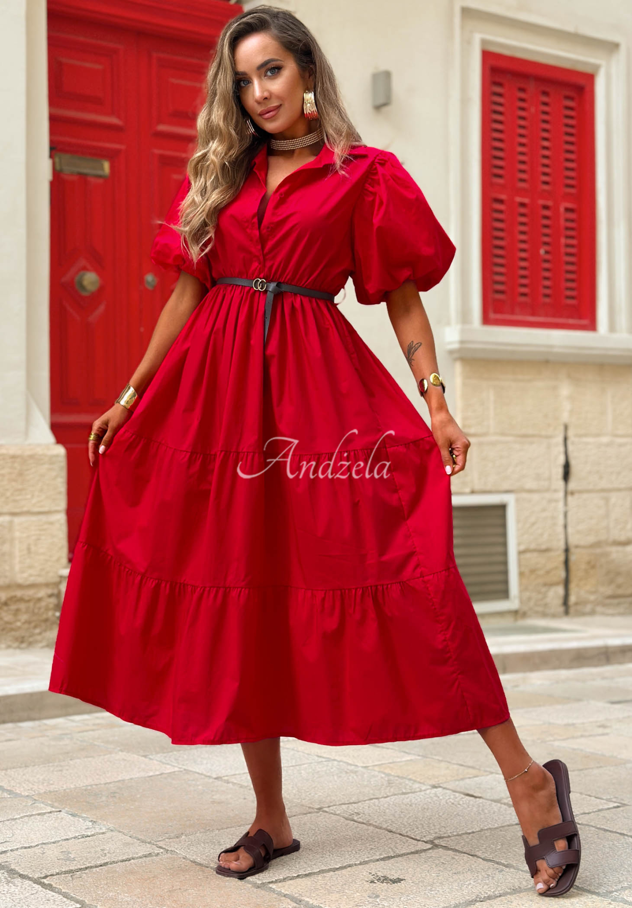 Hemdblusenkleid aus Baumwolle mit Puffärmeln Summer Light Rot