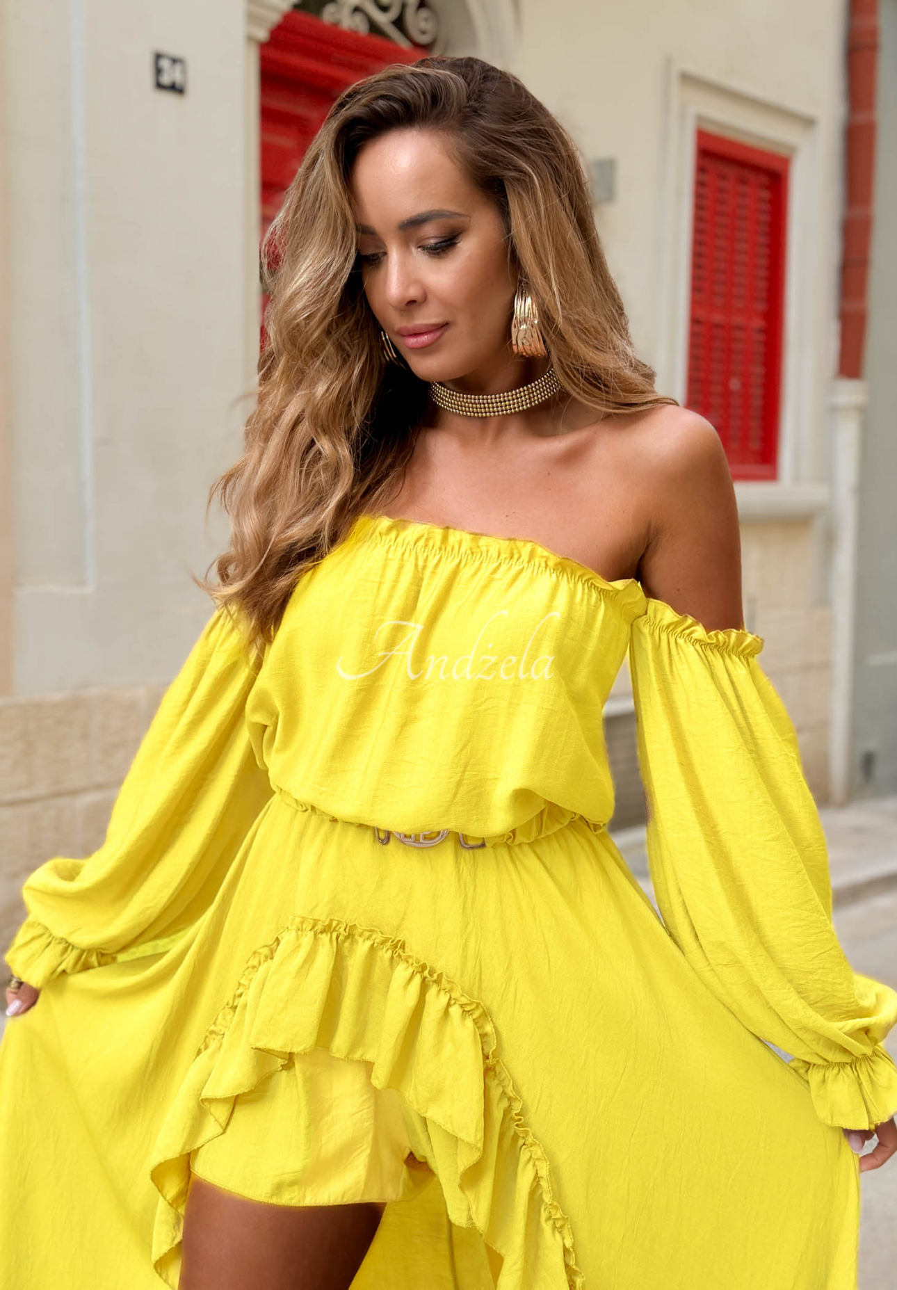 Asymmetrischer Viskose-Offshoulder-Jumpsuit mit Rüschen Sand Melody Gelb