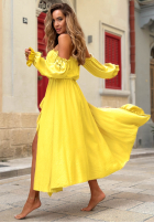 Asymetryczna sukienka Kleid im spanischen Stil z paskiem i falbankami Sand Melody Camel