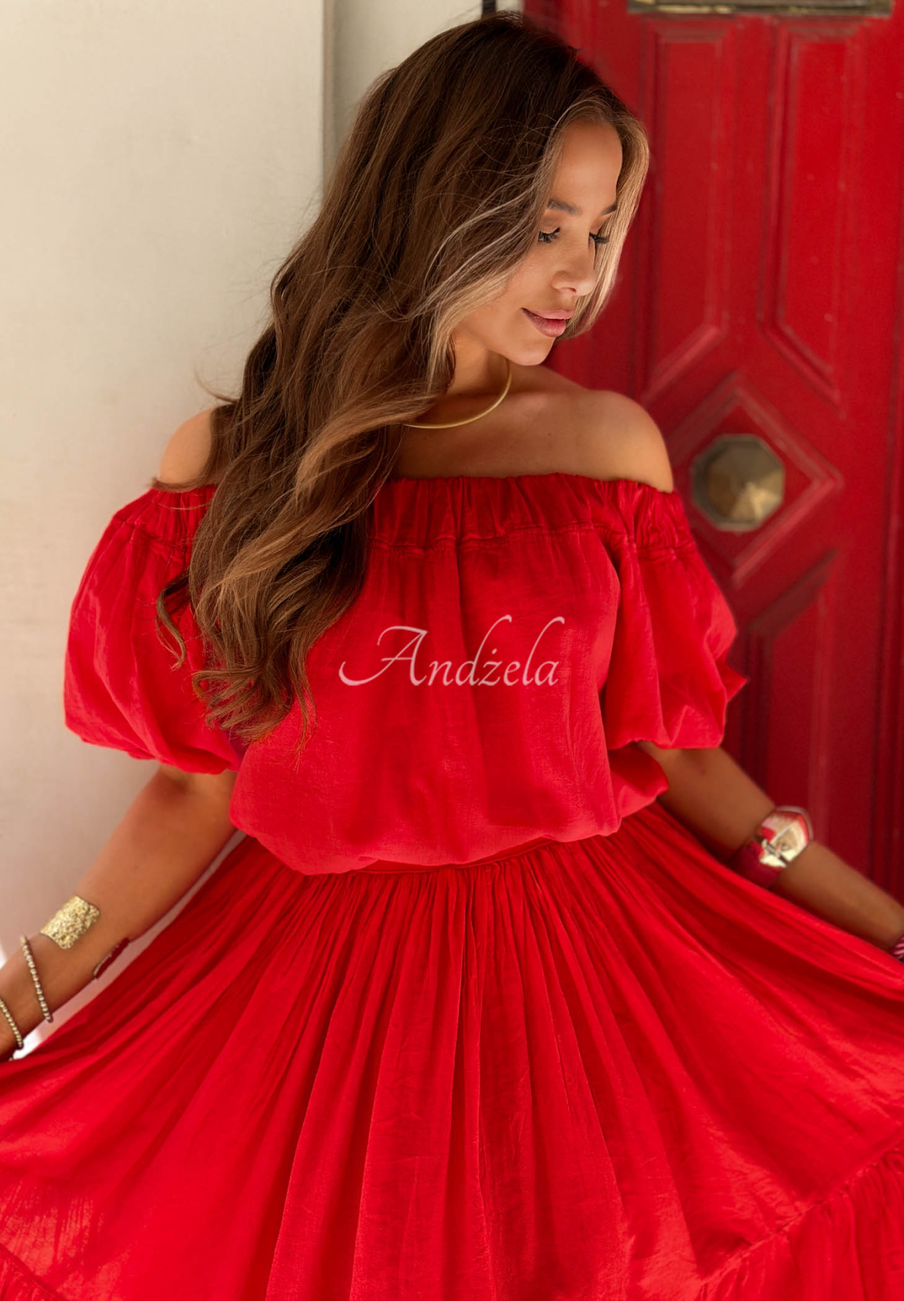 Offshoulder Baumwollbluse mit Puffärmeln Malta Romance Flame Rot