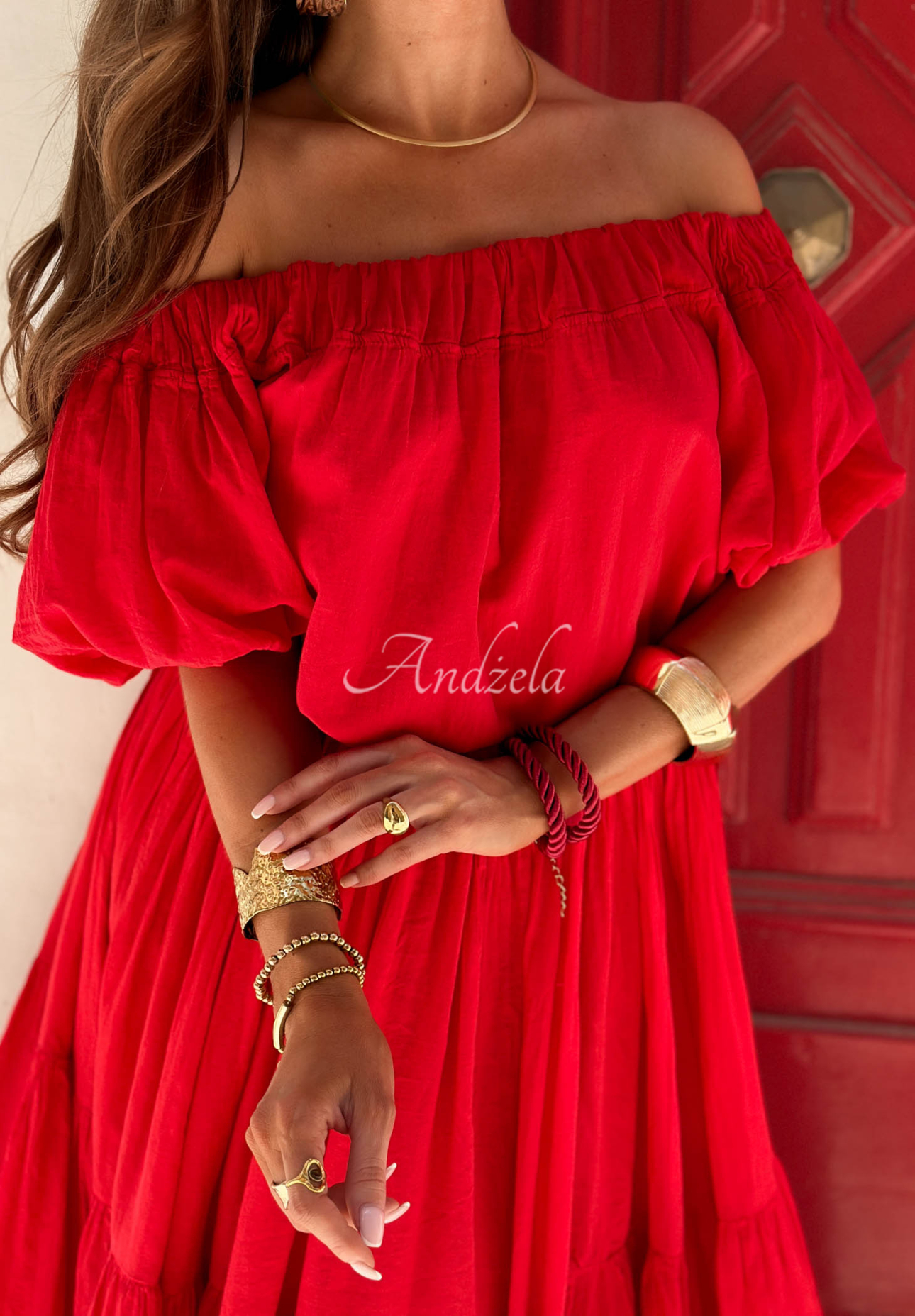 Offshoulder Baumwollbluse mit Puffärmeln Malta Romance Flame Rot