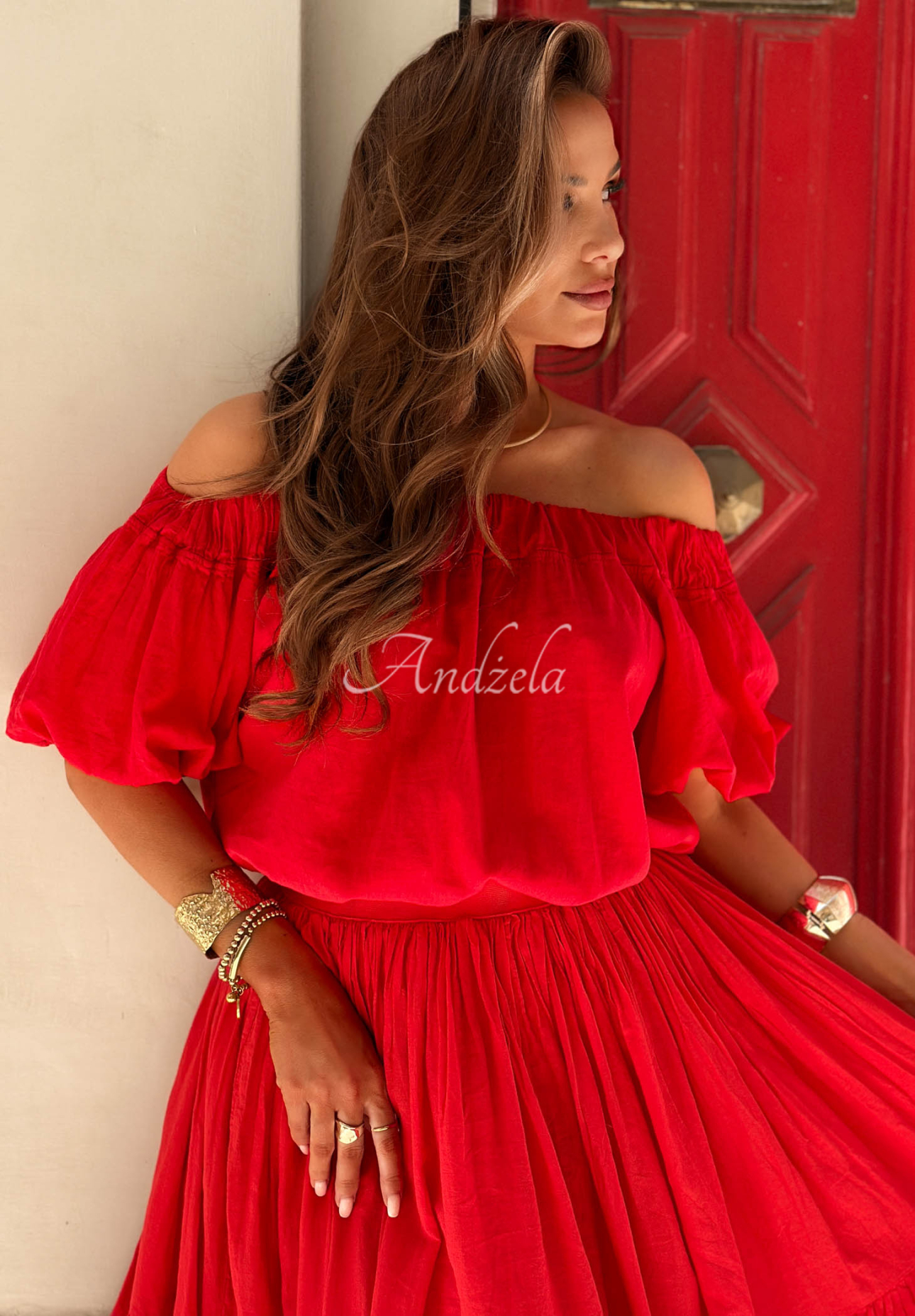Offshoulder Baumwollbluse mit Puffärmeln Malta Romance Flame Rot