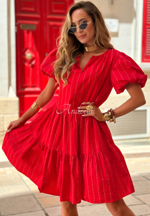 Baumwollkleid mit Puff&auml;rmeln und Streifen Malta Romance Heat Rot