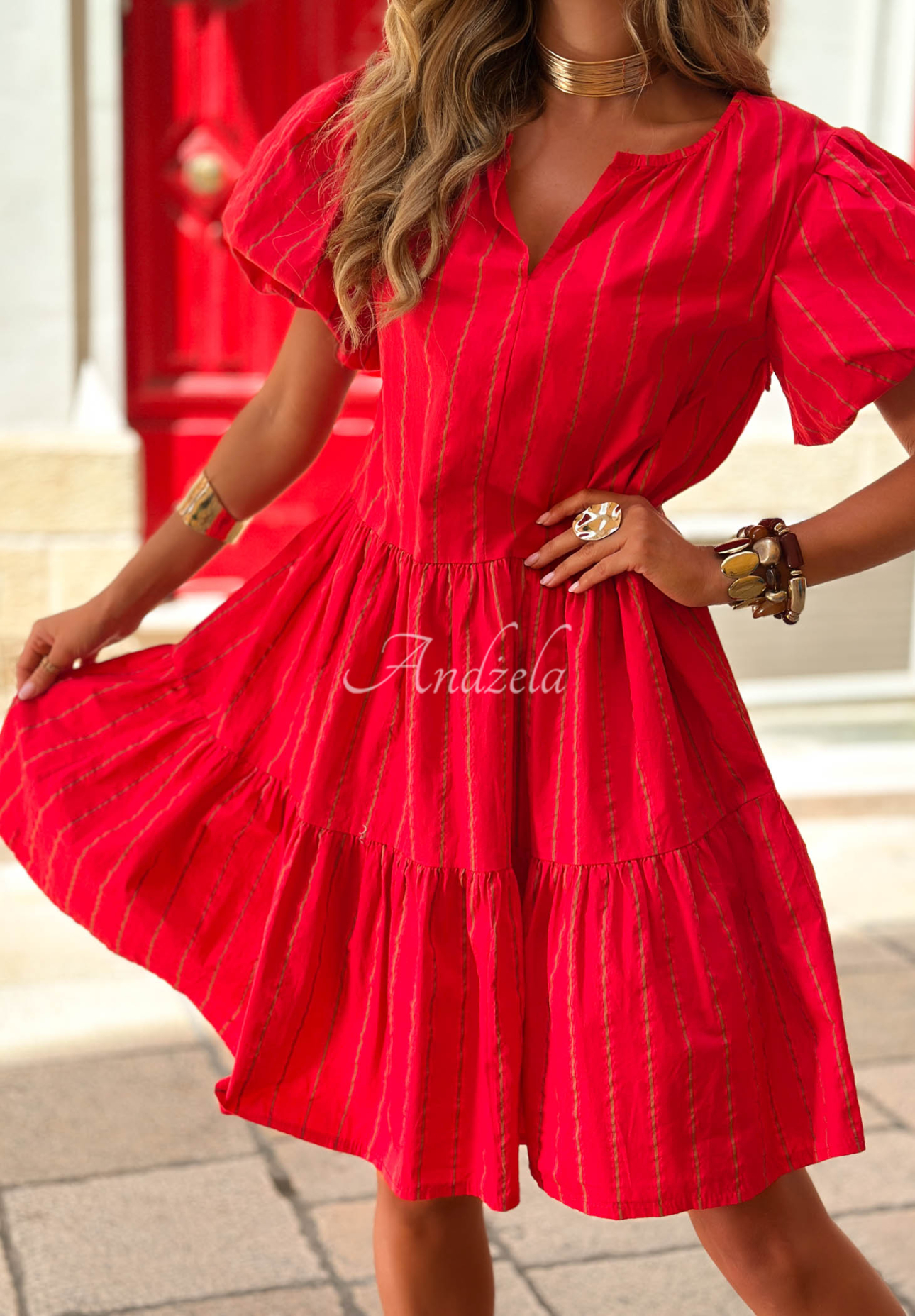 Baumwollkleid mit Puffärmeln und Streifen Malta Romance Heat Rot