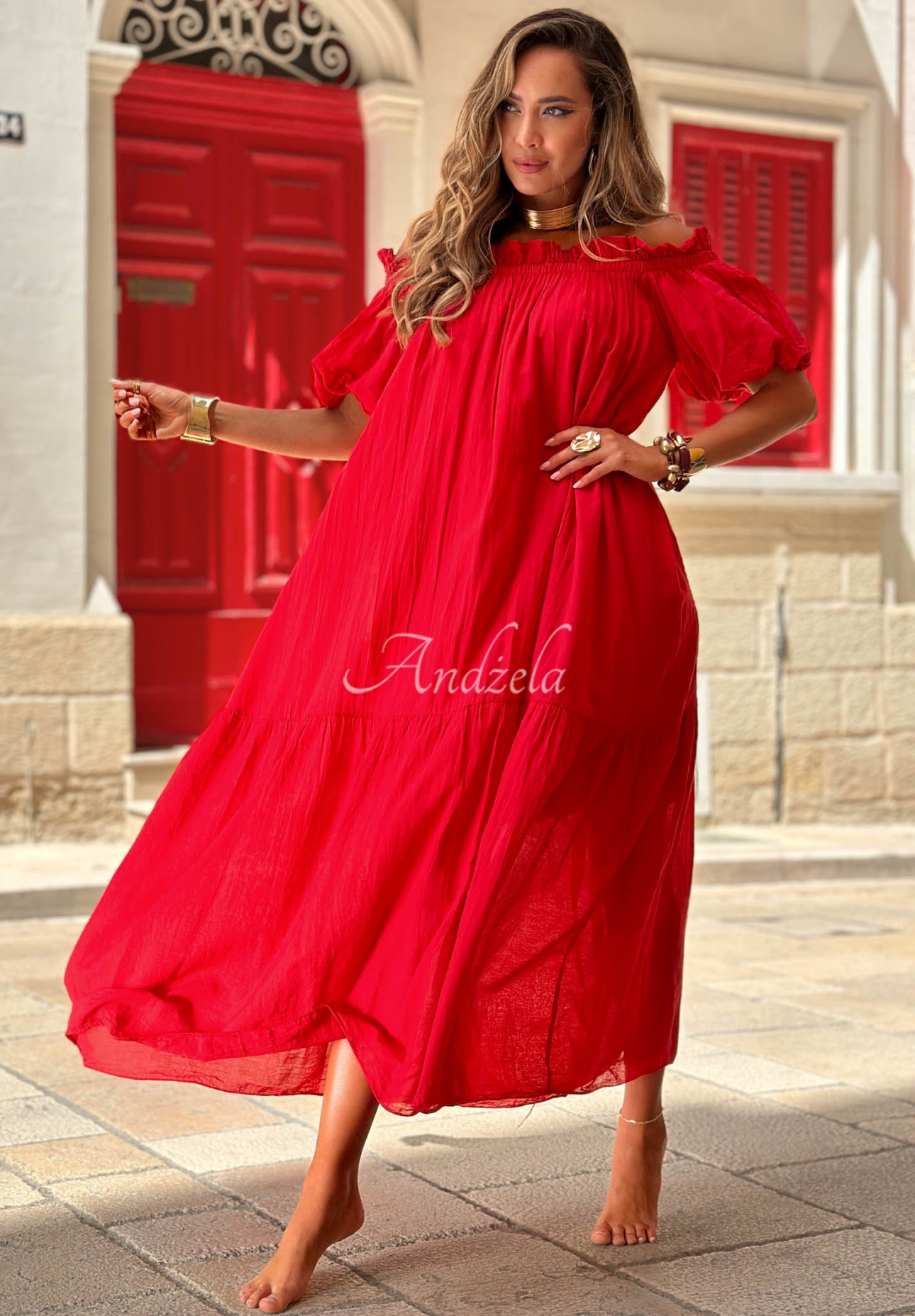 Offshoulder Maxikleid aus Baumwolle mit Rüschen Malta Romance Flame Rot