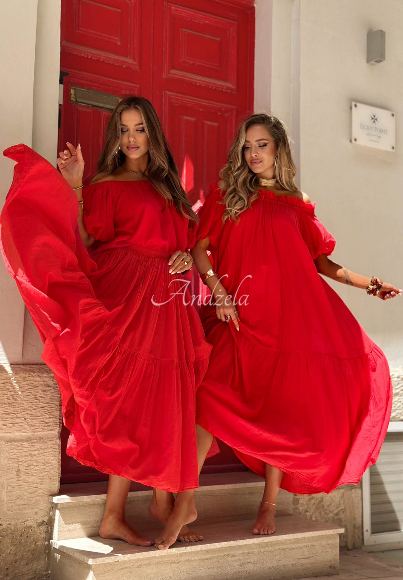Offshoulder Maxikleid aus Baumwolle mit Rüschen Malta Romance Flame Rot