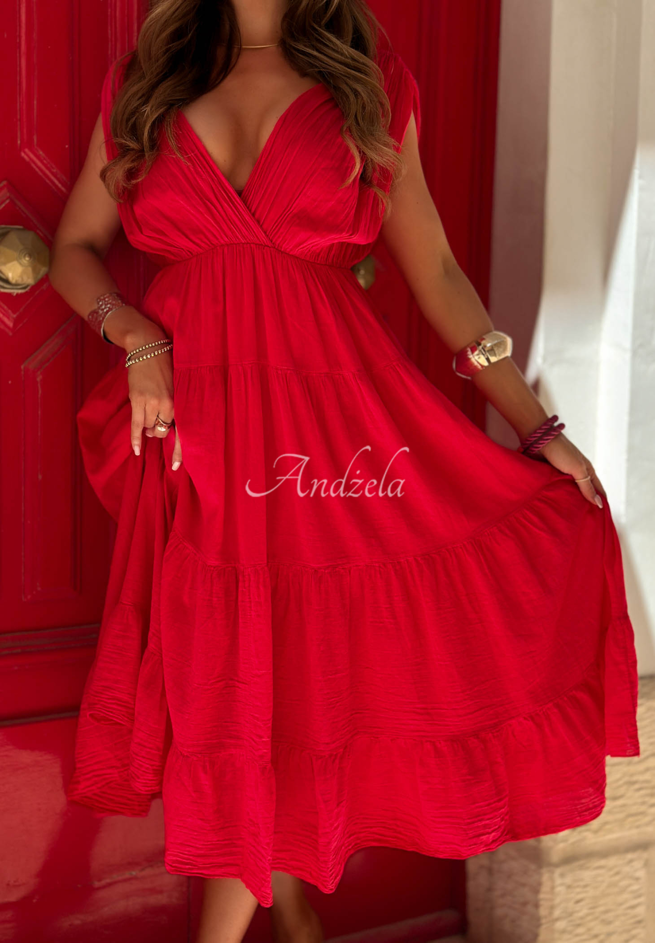 Maxikleid aus Baumwolle mit Trägern und Rüschen Malta Romance Flame Rot