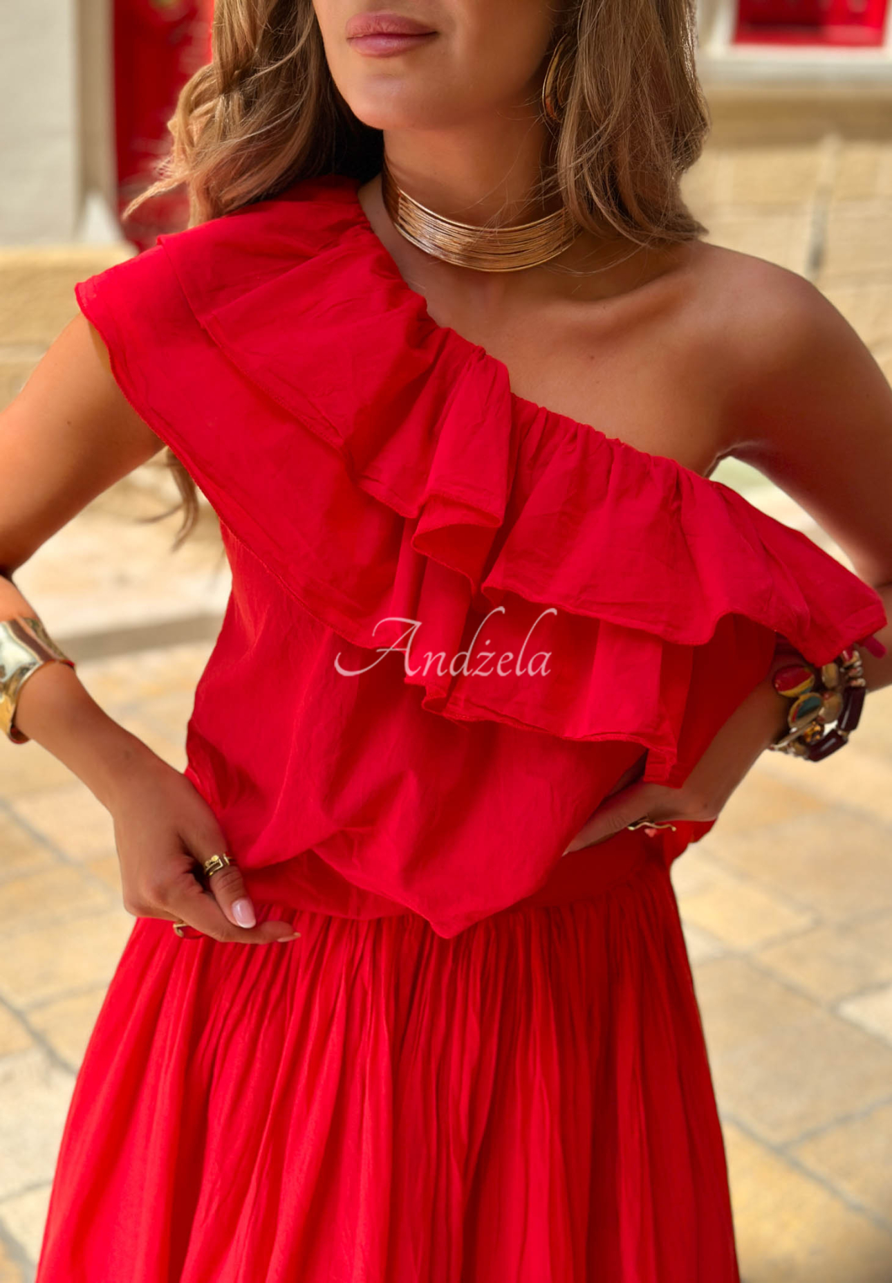 Asymmetrische Baumwollbluse mit Rüschen Malta Romance Flame Rot