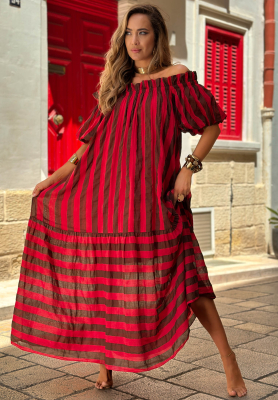 Gestreiftes Offshoulder-Maxikleid aus BaumwolleMalta Romance Delizia rot-schokoladenbraun