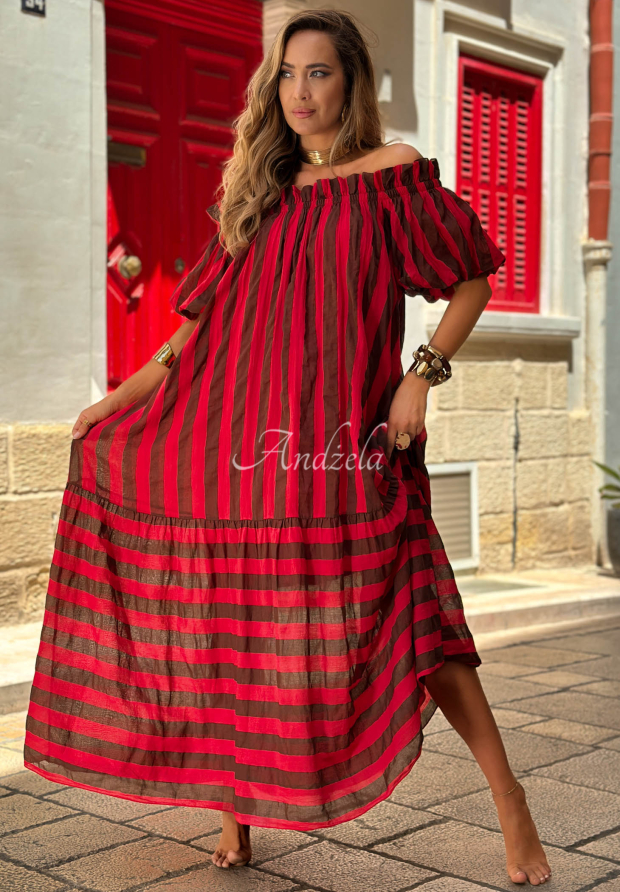 Gestreiftes Offshoulder-Maxikleid aus BaumwolleMalta Romance Delizia rot-schokoladenbraun