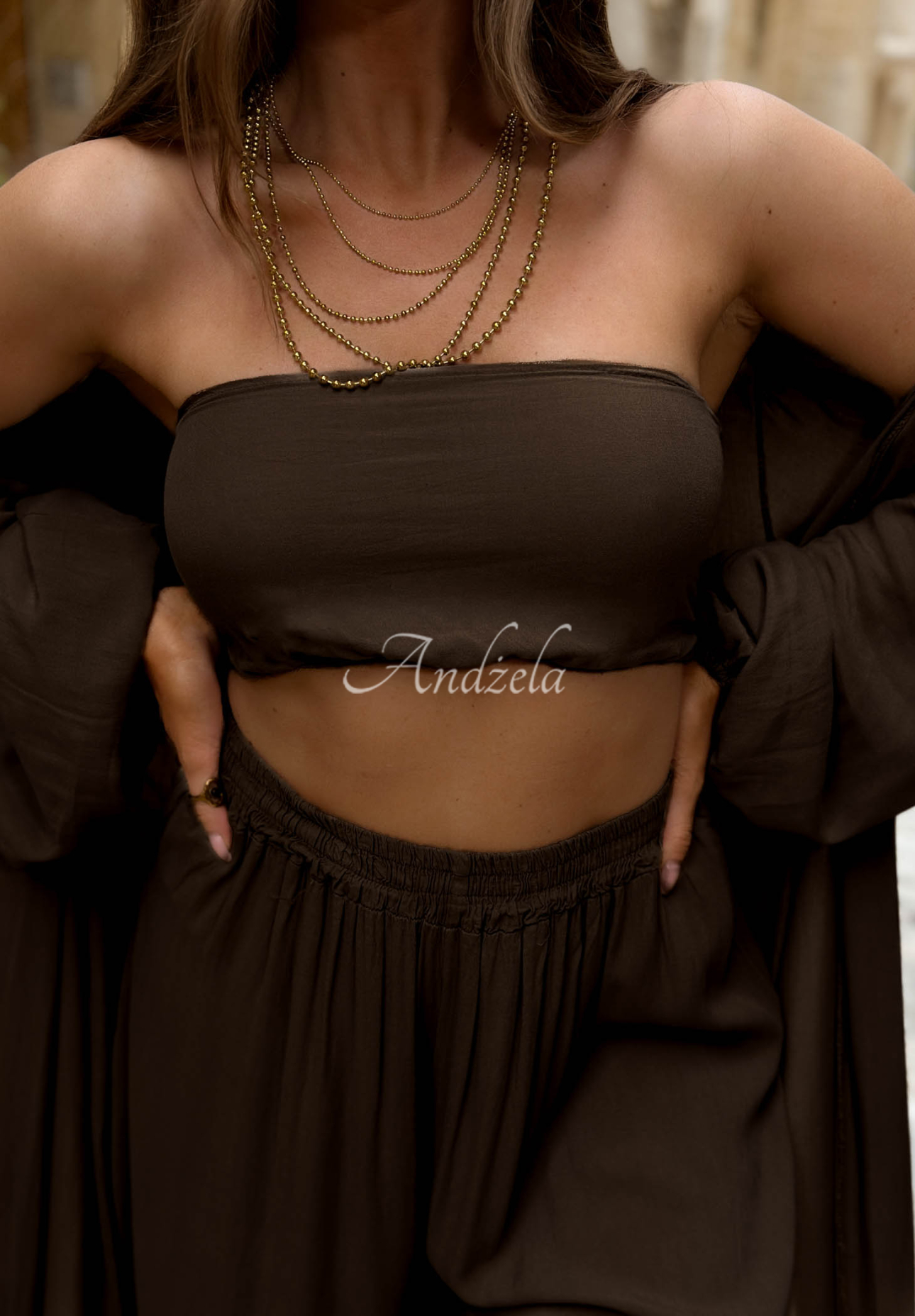 Viskose-Set 4-in-1: Überwurf, Hose, Top und Tuch Amore Bello Schokoladenbraun