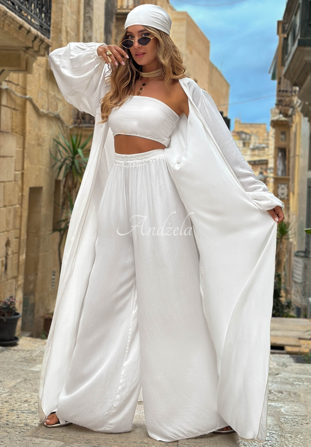 Viskose-Set 4-in-1: Überwurf, Hose, Top und Tuch Amore Bello Weiß