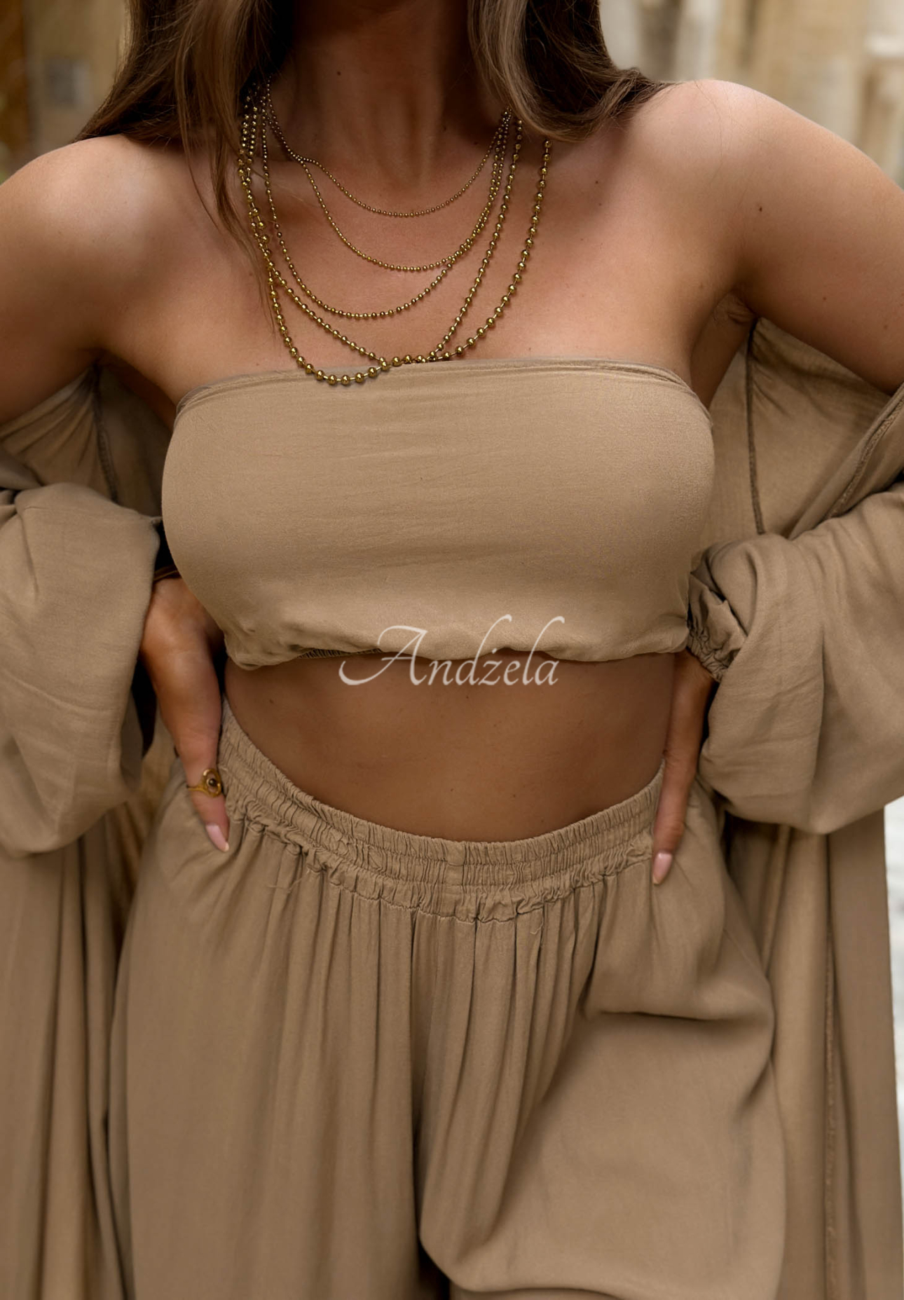 Viskose-Set 4-in-1: Überwurf, Hose, Top und Tuch Amore Bello Beige