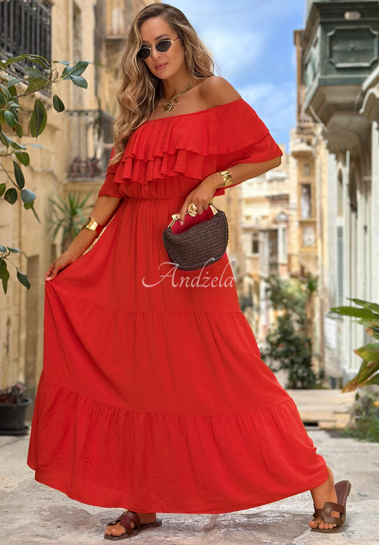 Viskose-Kleid Off-Shoulder mit Rüschen Santa Ritta Rot