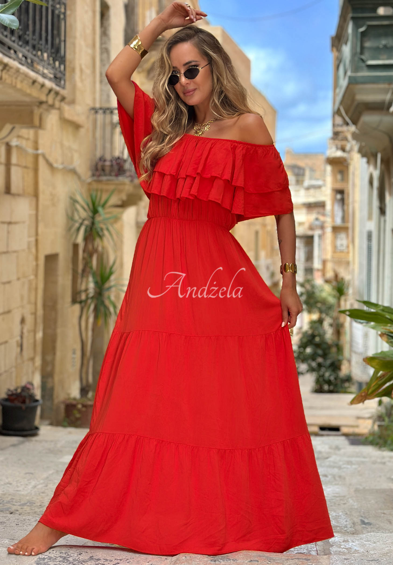 Viskose-Kleid Off-Shoulder mit Rüschen Santa Ritta Rot