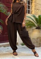 Materiałowy Set top z wiązaniem i Hose joggery Sun Elegance Mokkafarben