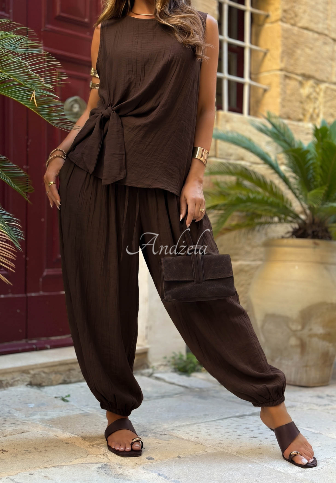 Viskose-Set Bluse mit Bindeband und Jogginghose Sun Elegance Schokoladenbraun