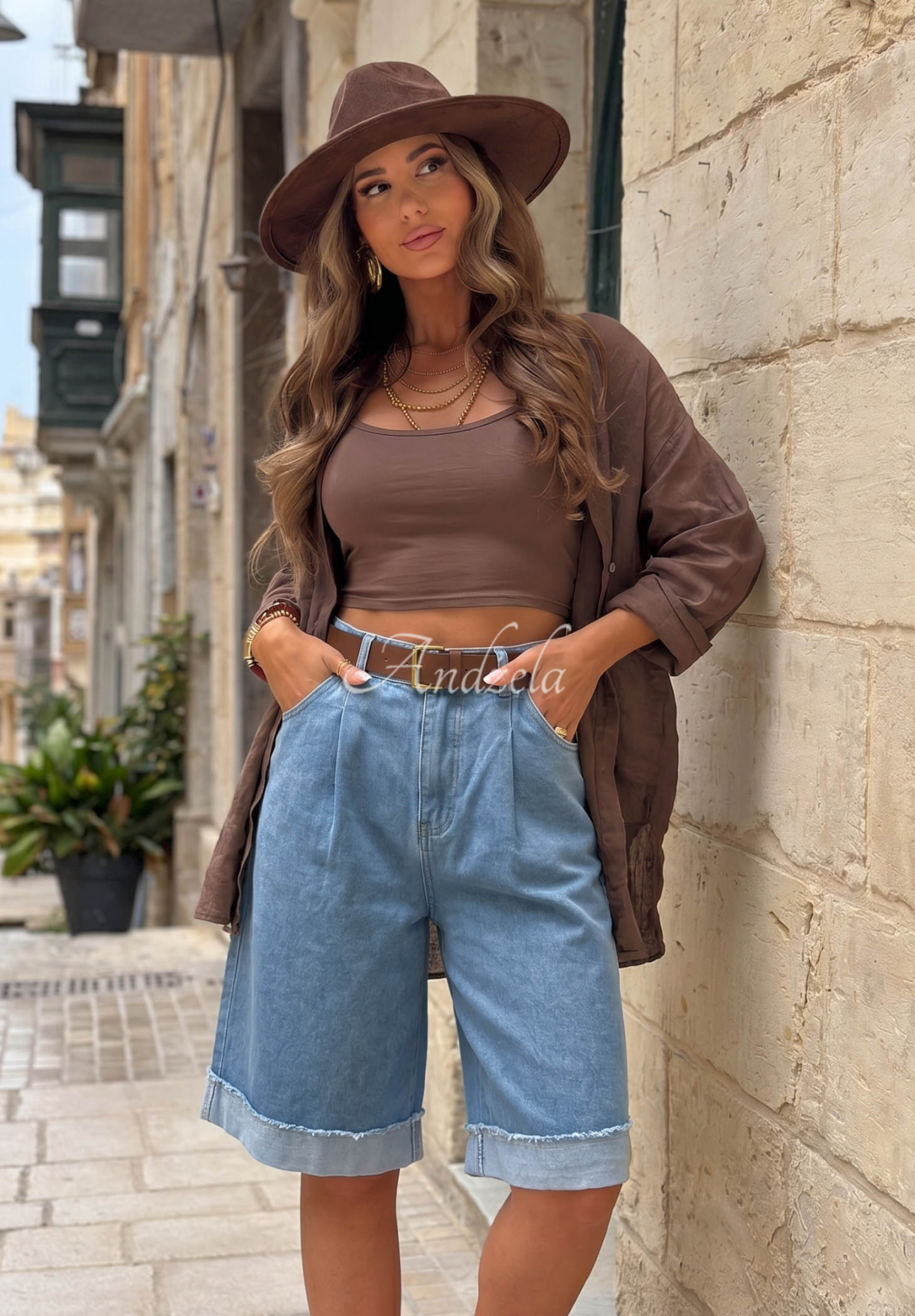 Jeans-Bermudas mit Gürtel Azure Essence Blau
