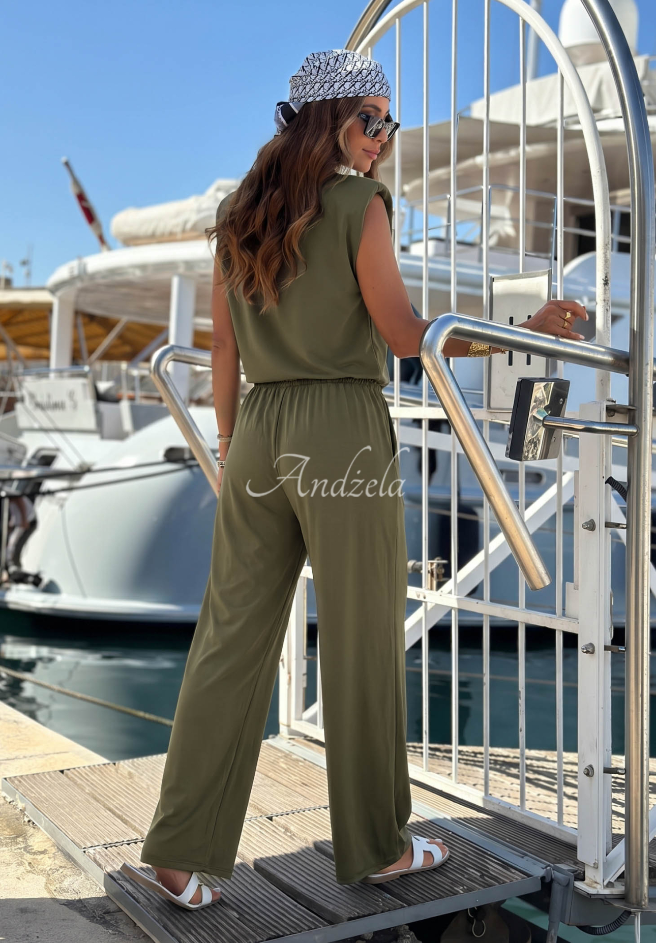 Set Bluse mit Knoten und wide leg Hose aus Lyocell Basic Sun Khaki